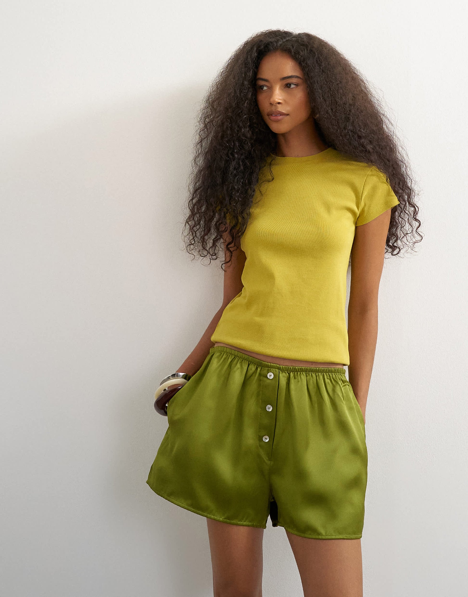 Topshop satin button detail short in green