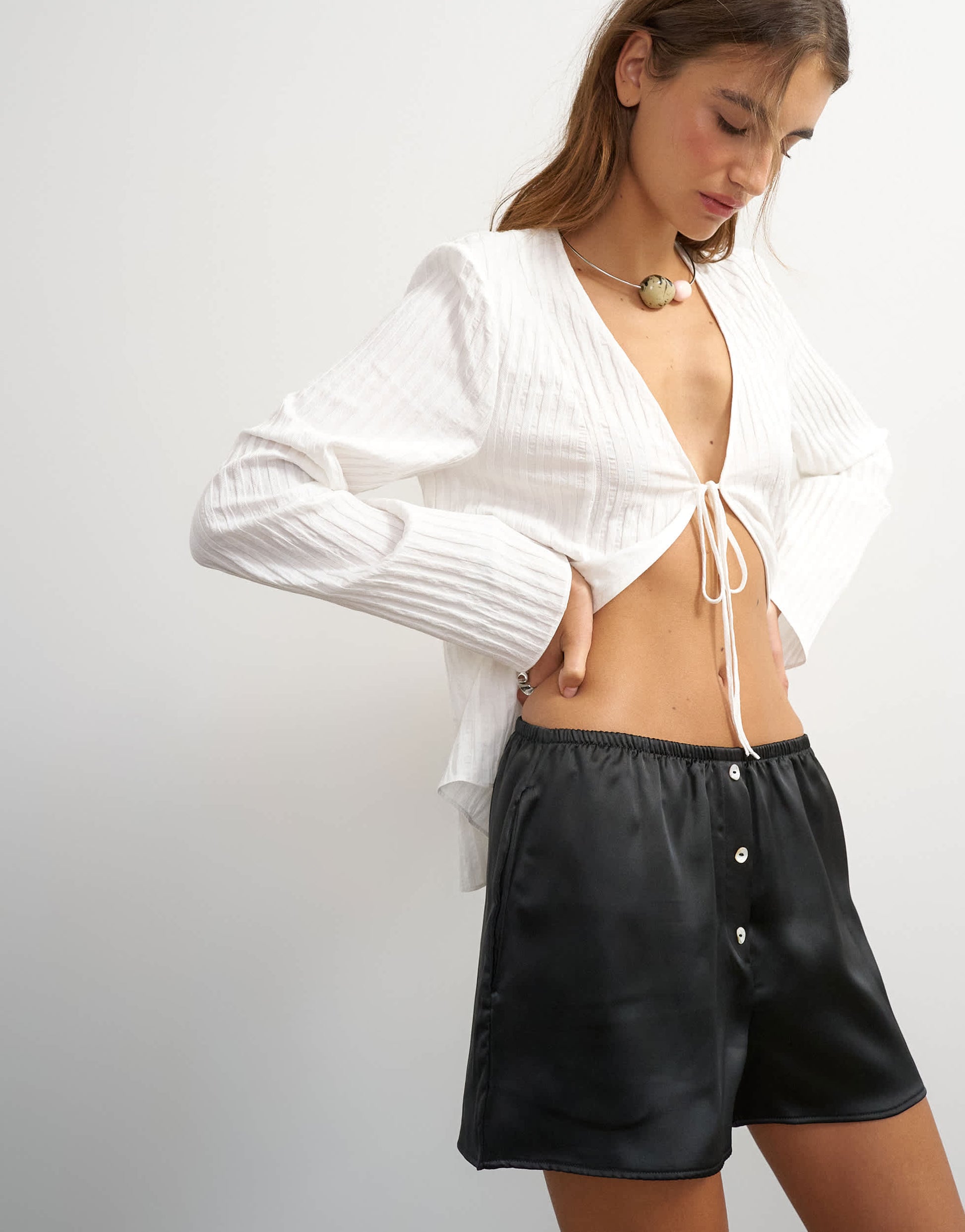 Topshop satin button detail short in black