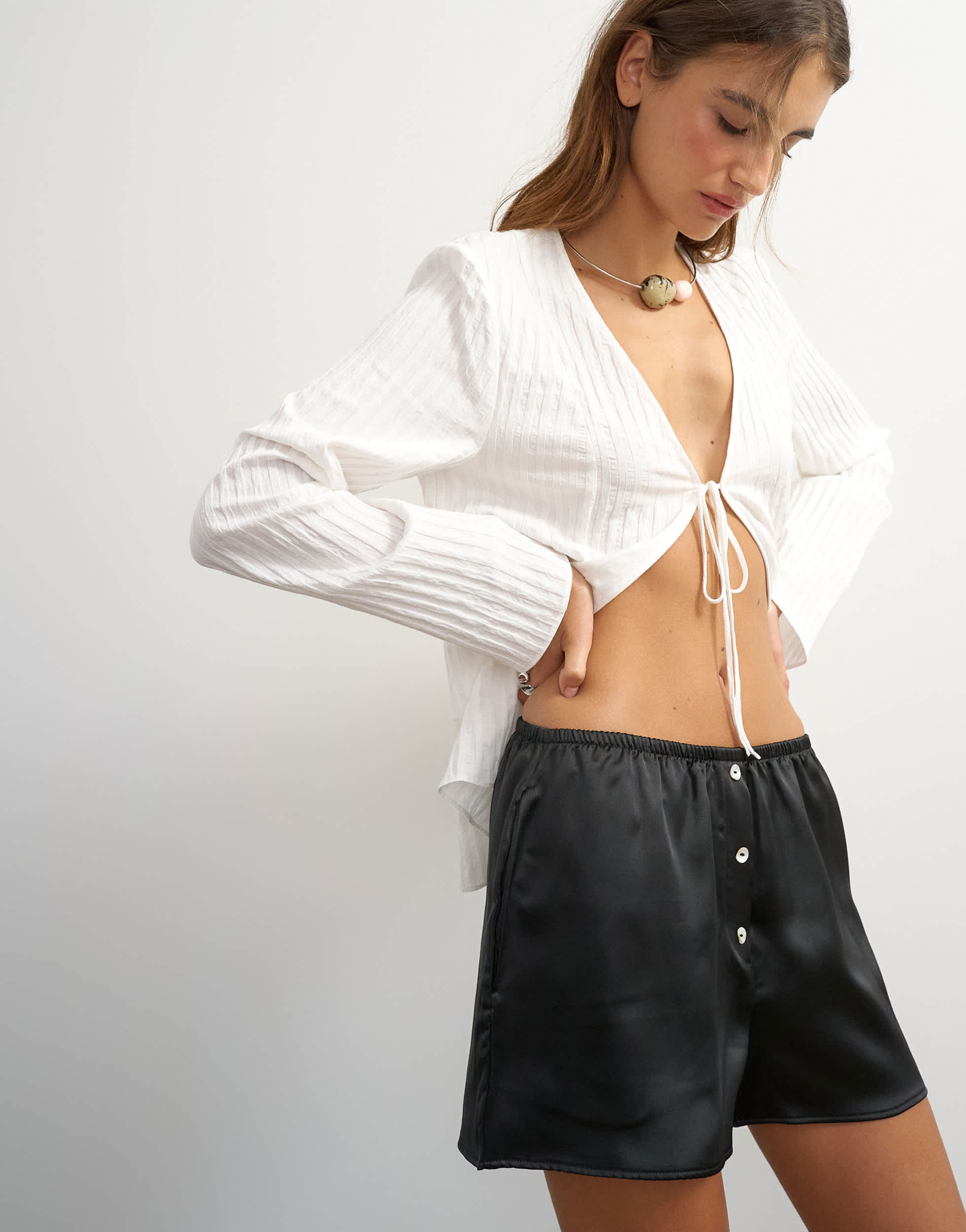 Topshop satin button detail short in black