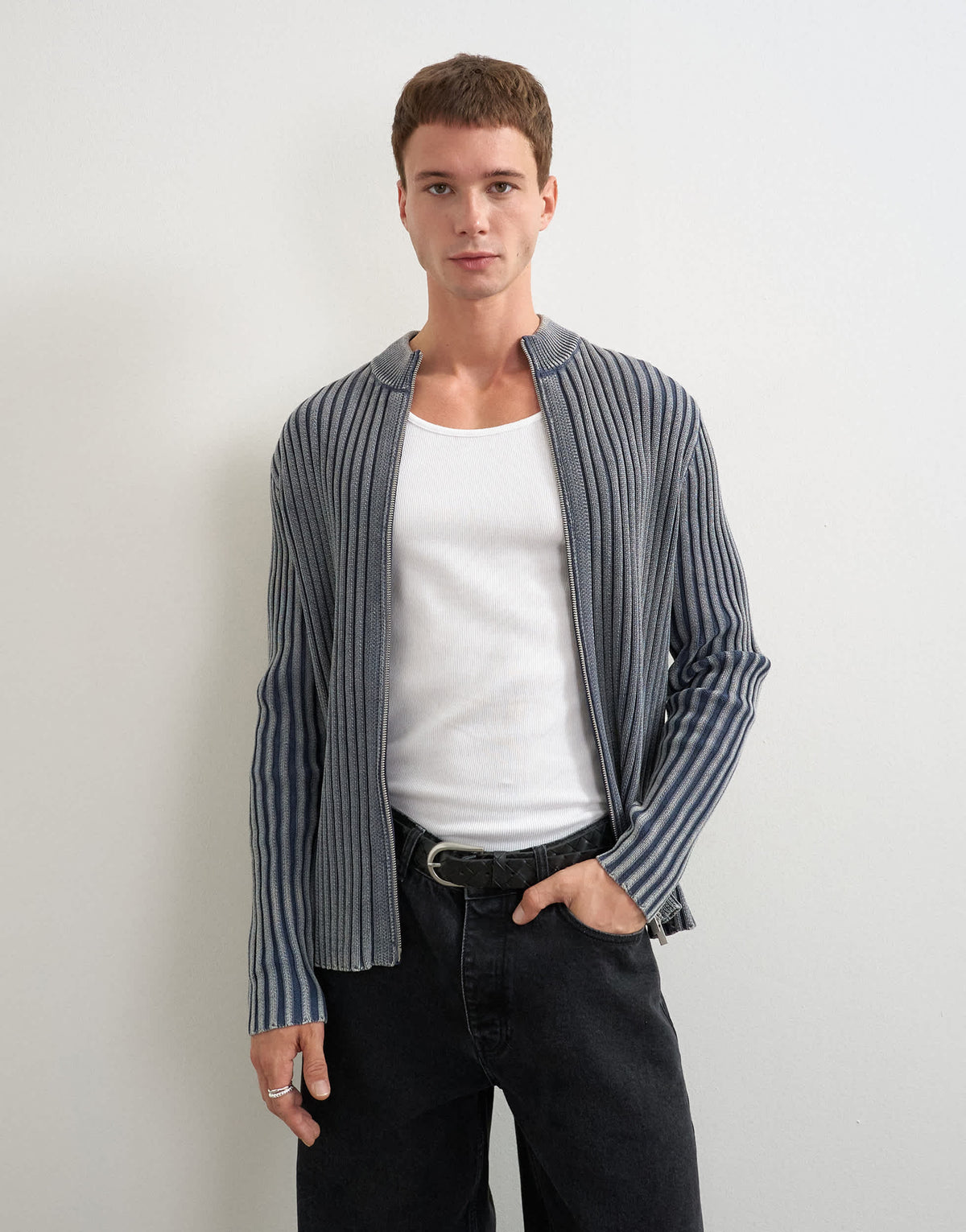 Topman classic fit zip through knitted jumper with thick ribbing in washed grey