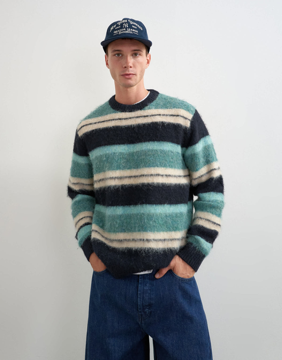 Topman relaxed fit fluffy striped knitted jumper in teal