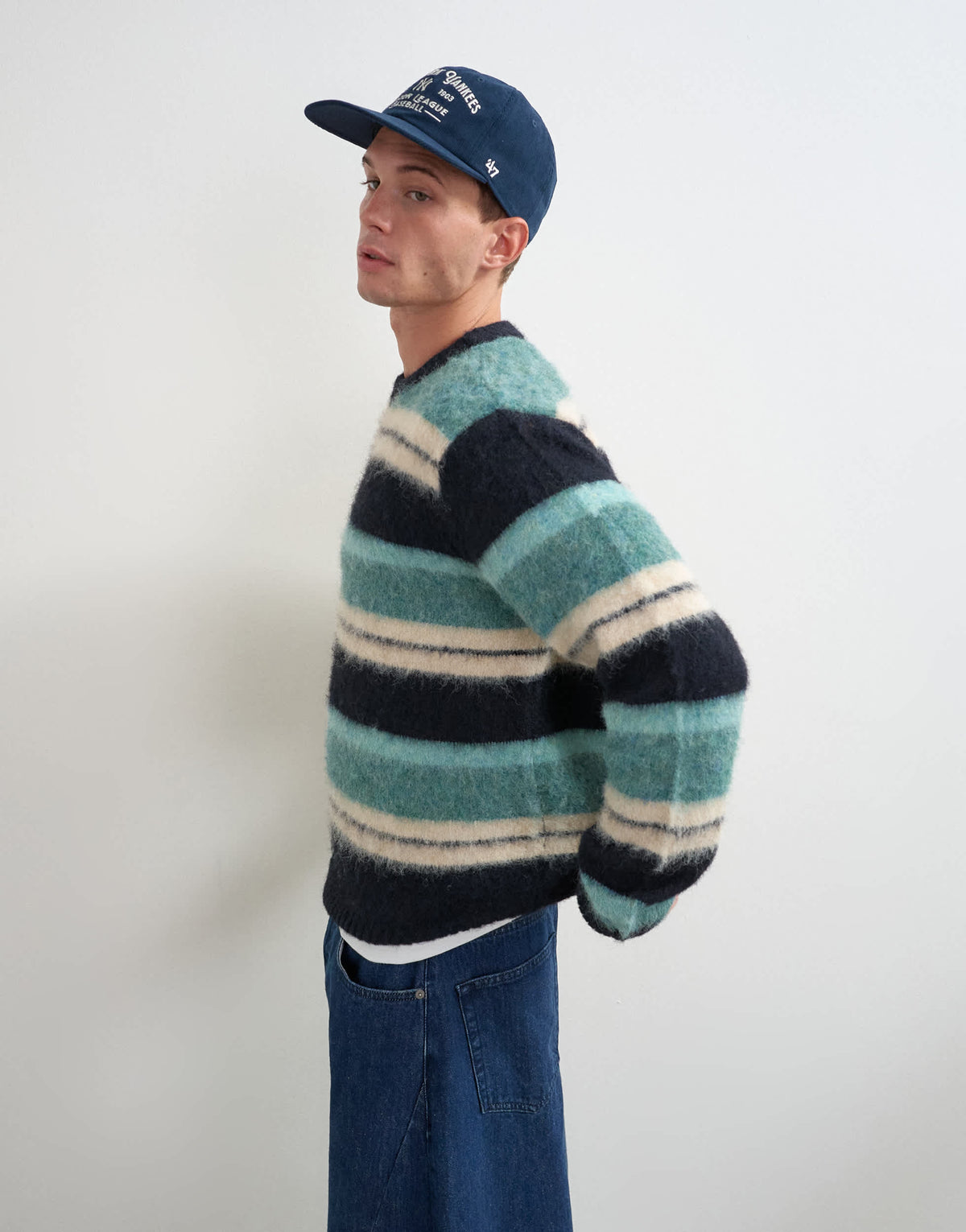 Topman relaxed fit fluffy striped knitted jumper in teal