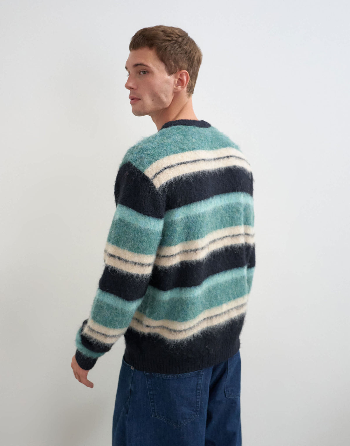 Topman relaxed fit fluffy striped knitted jumper in teal