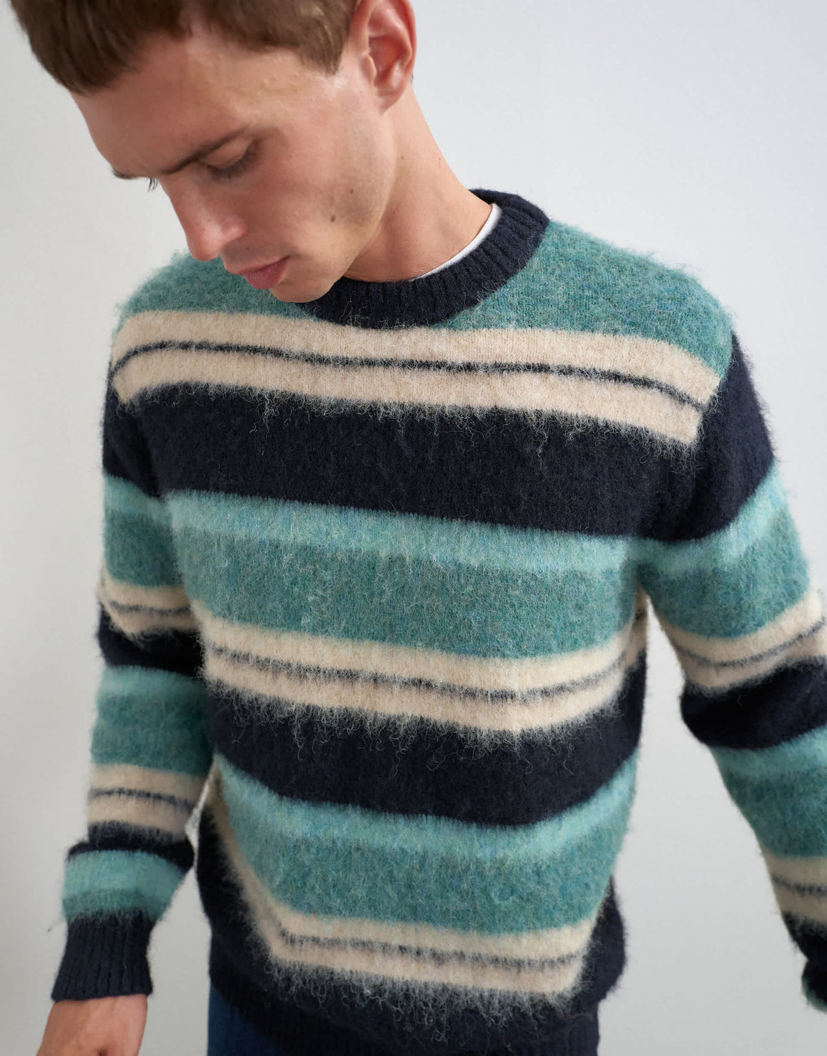 Topman relaxed fit fluffy striped knitted jumper in teal