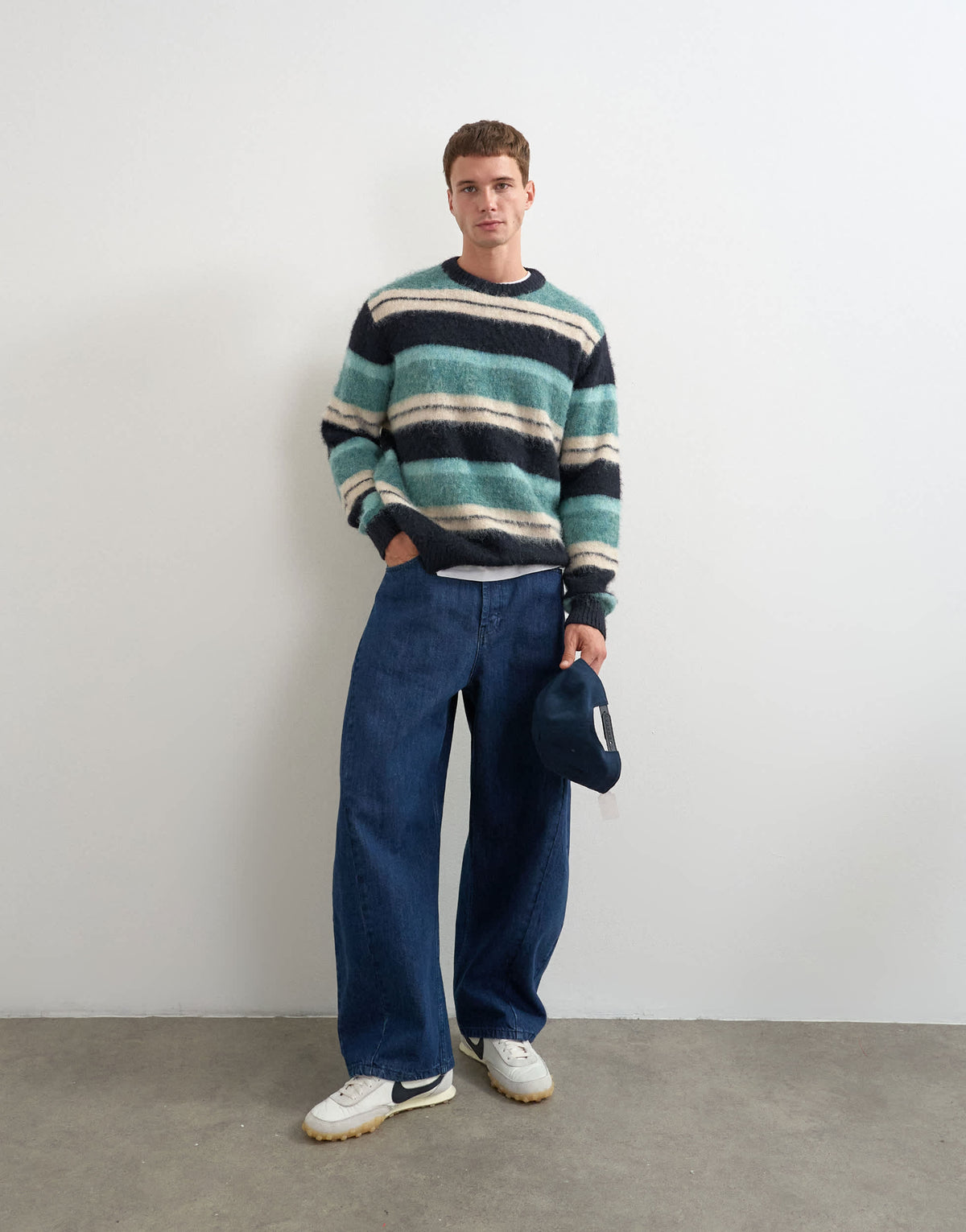 Topman relaxed fit fluffy striped knitted jumper in teal