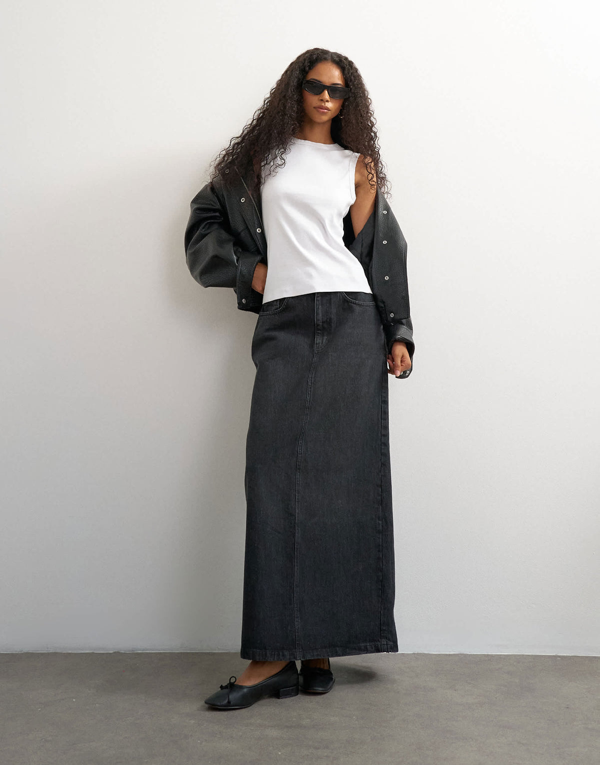 Topshop Low rise maxi column skirt in washed black