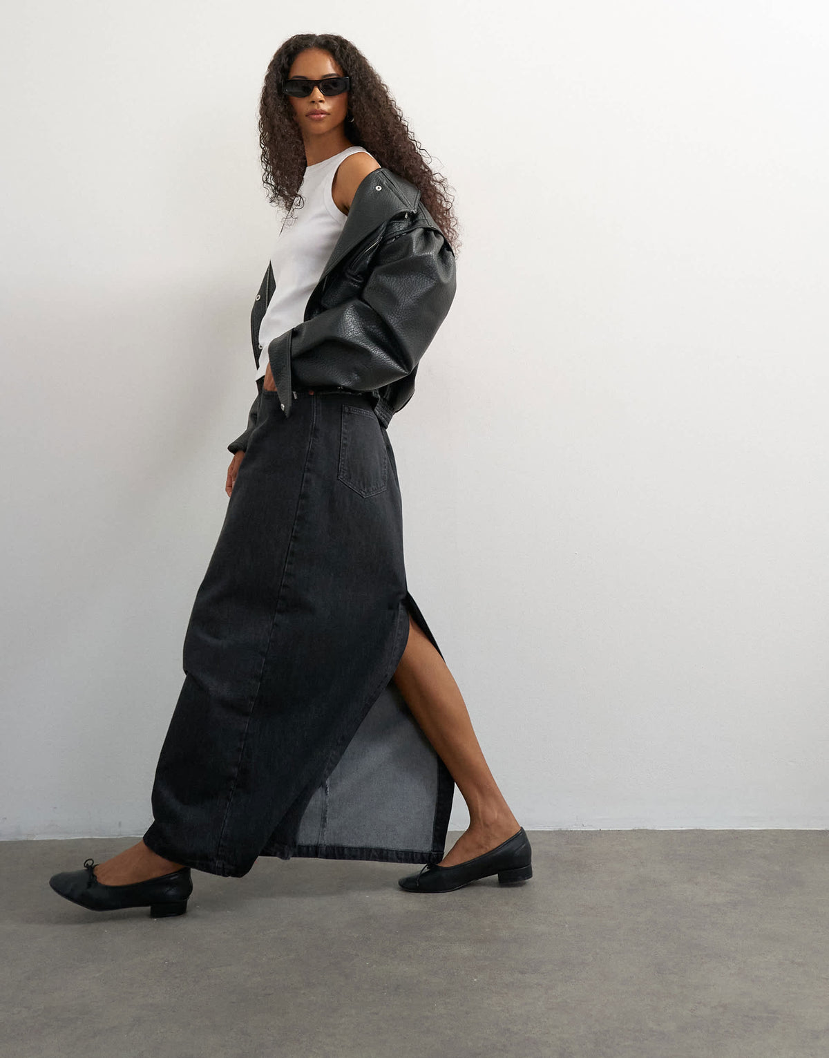 Topshop Low rise maxi column skirt in washed black