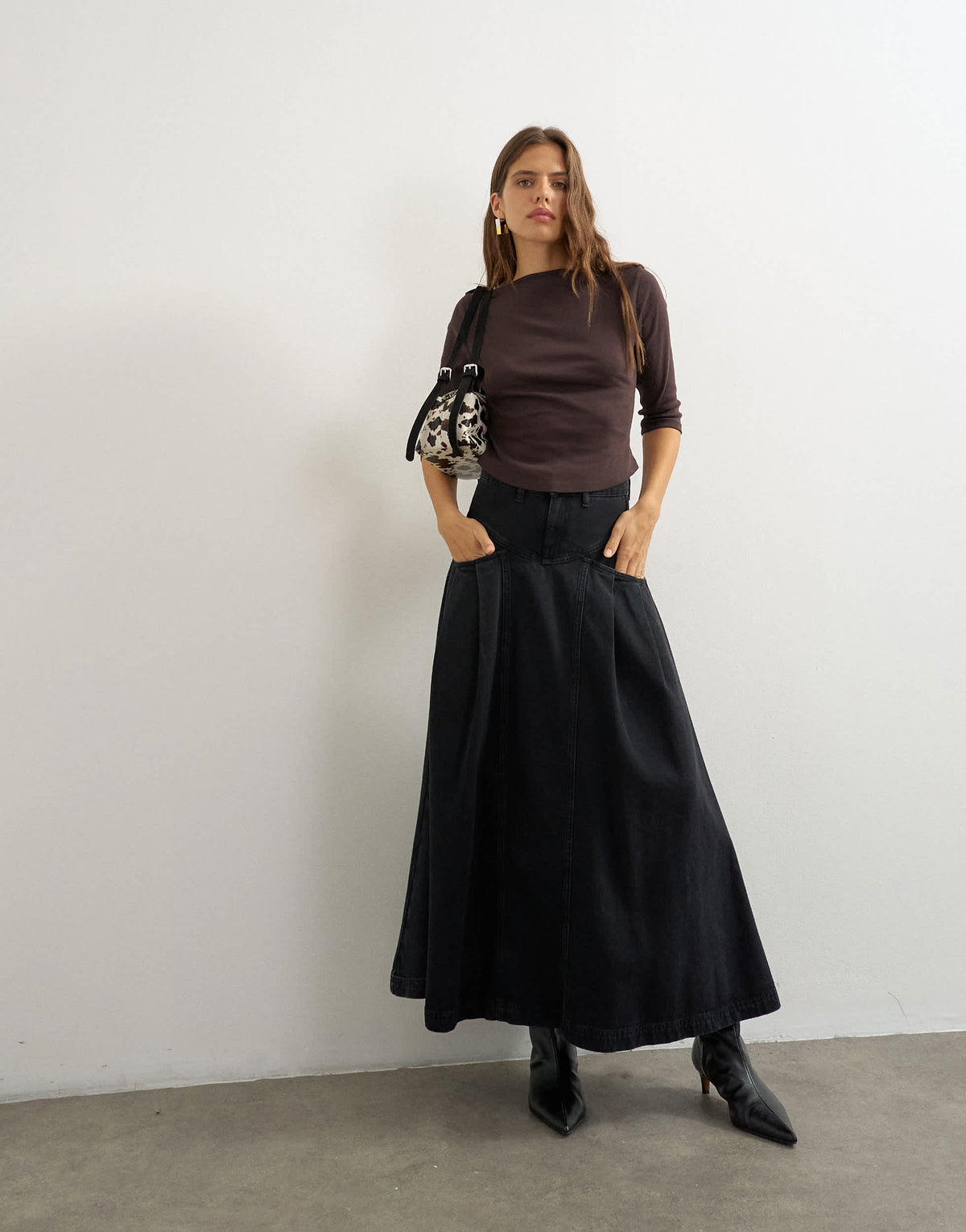 Topshop Yoke pleated maxi skirt in washed black