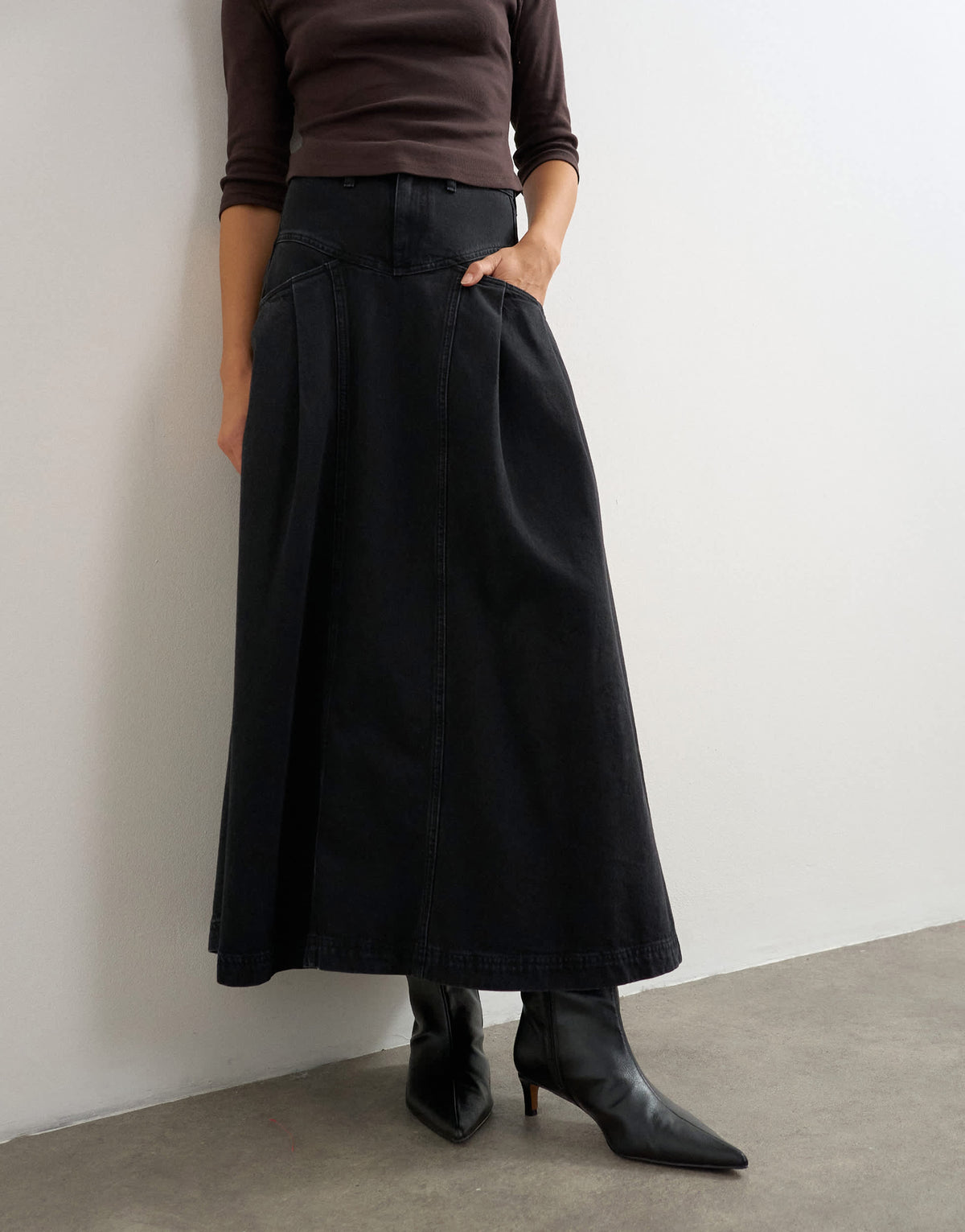 Topshop Yoke pleated maxi skirt in washed black