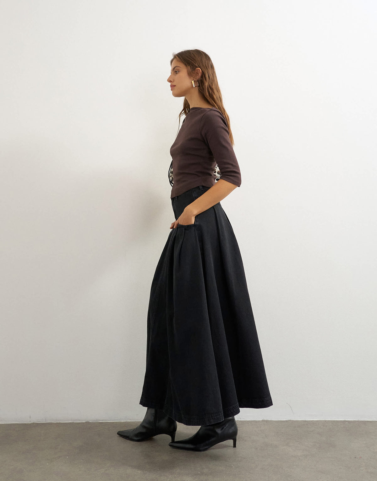 Topshop Yoke pleated maxi skirt in washed black