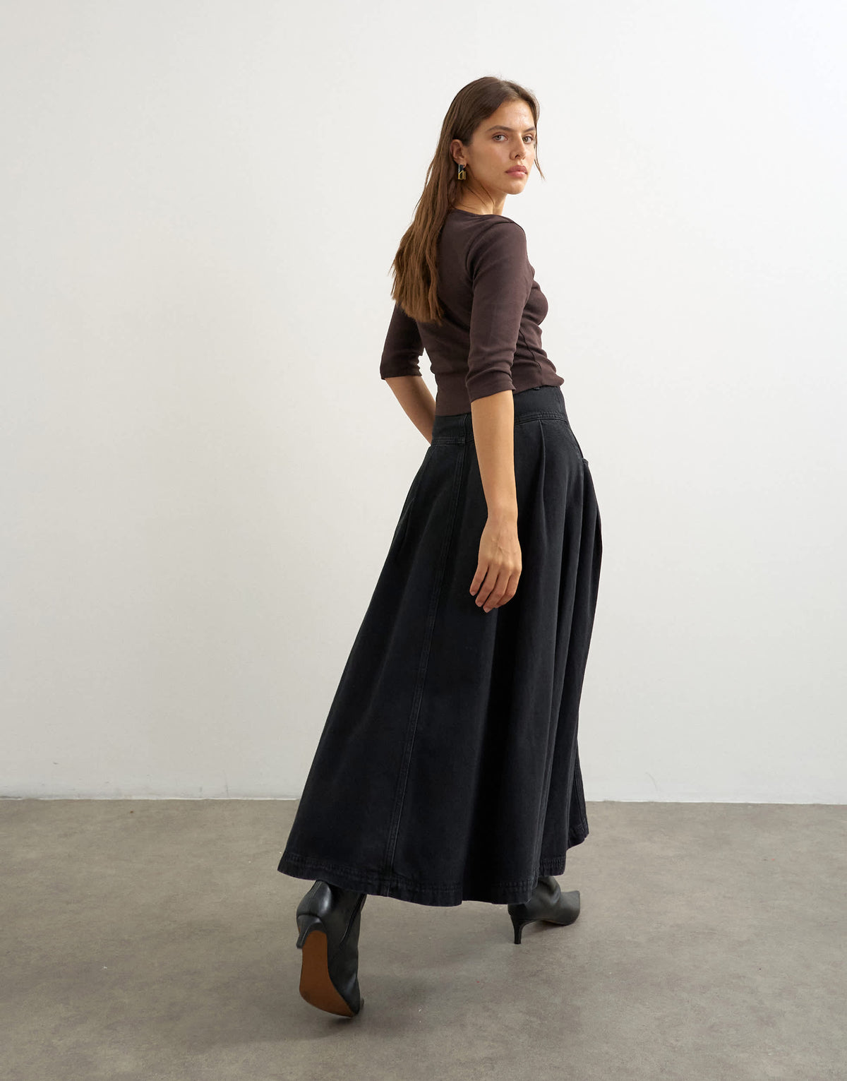 Topshop Yoke pleated maxi skirt in washed black