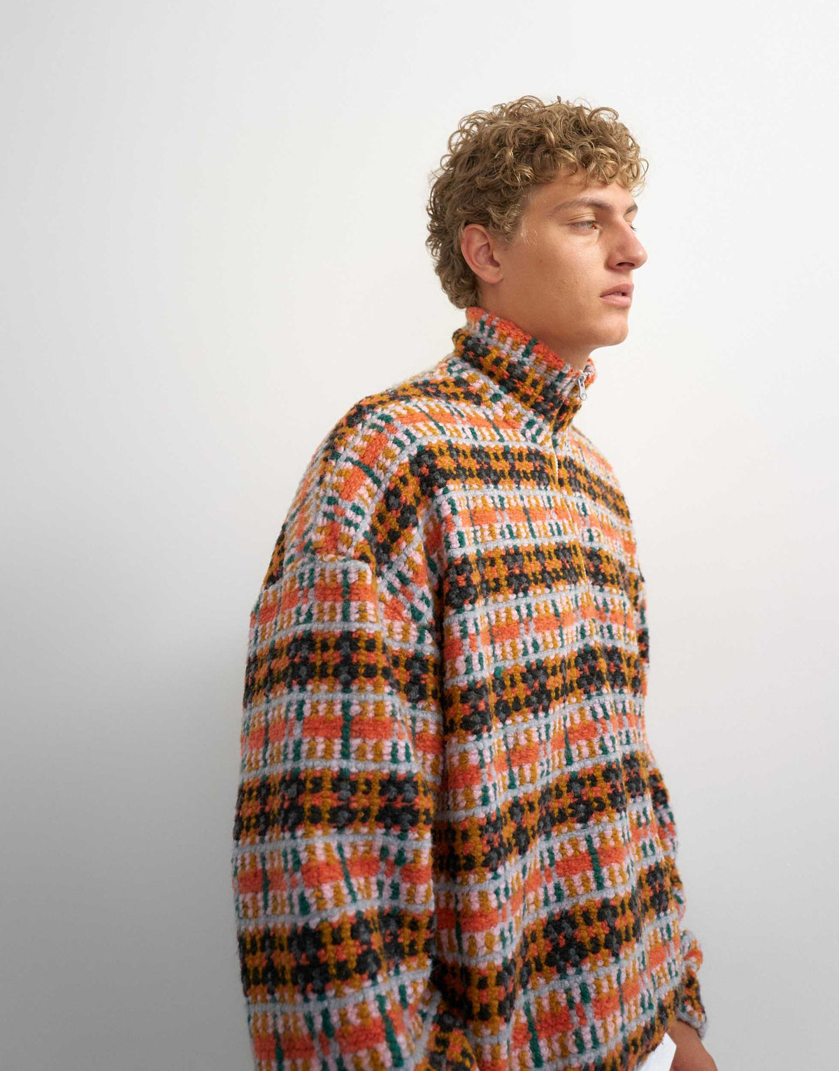 Topman boxy crop fit 1/4 zip funnel neck borg check jumper in orange