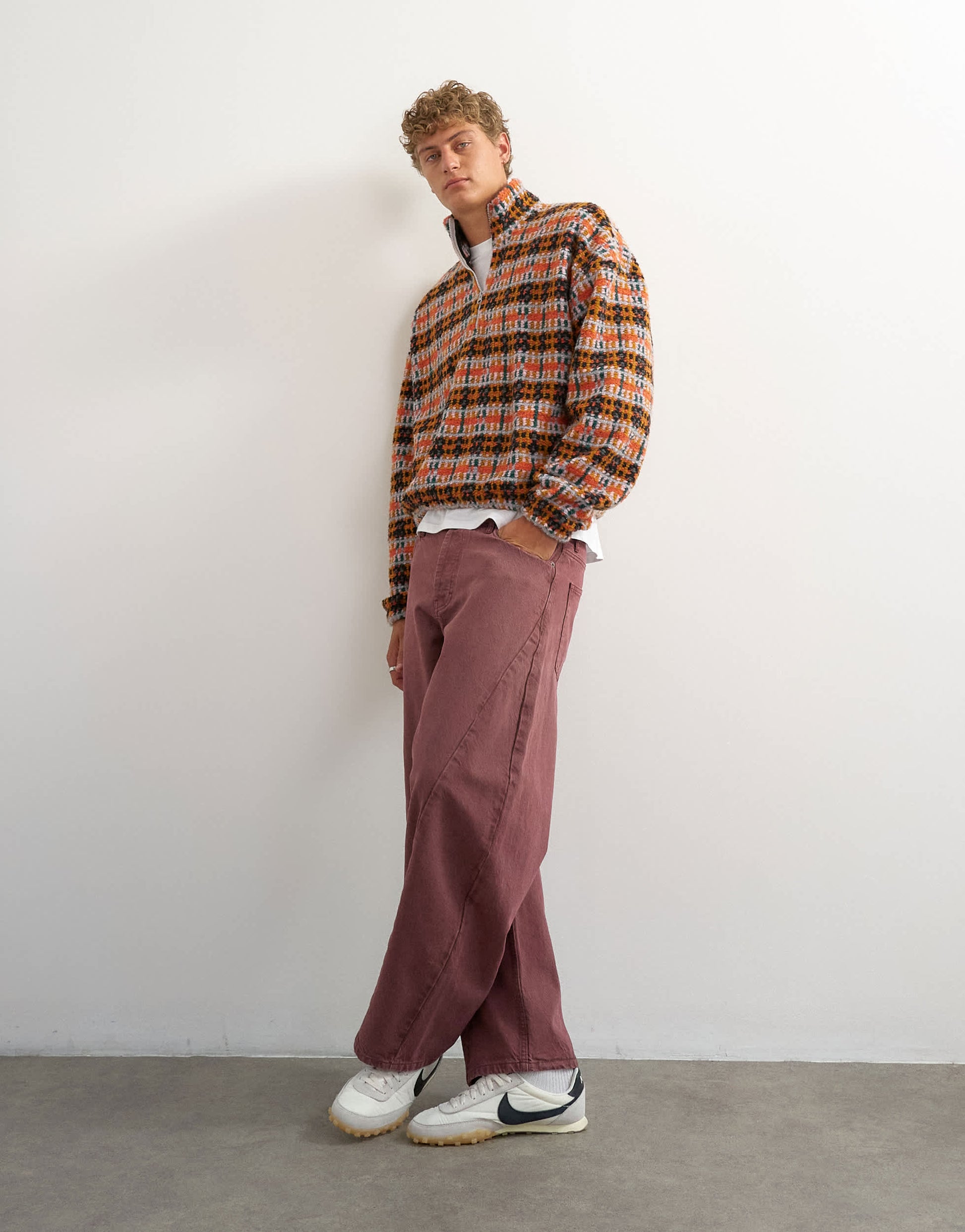 Topman boxy crop fit 1/4 zip funnel neck borg check jumper in orange