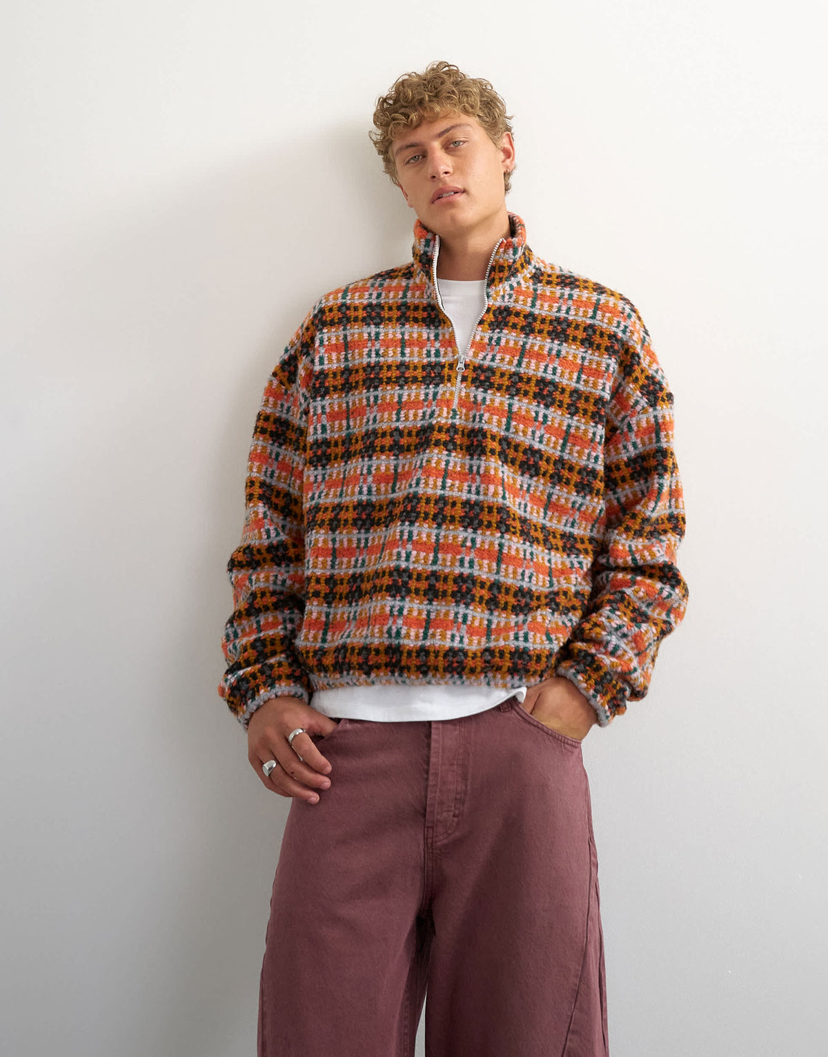 Topman boxy crop fit 1/4 zip funnel neck borg check jumper in orange