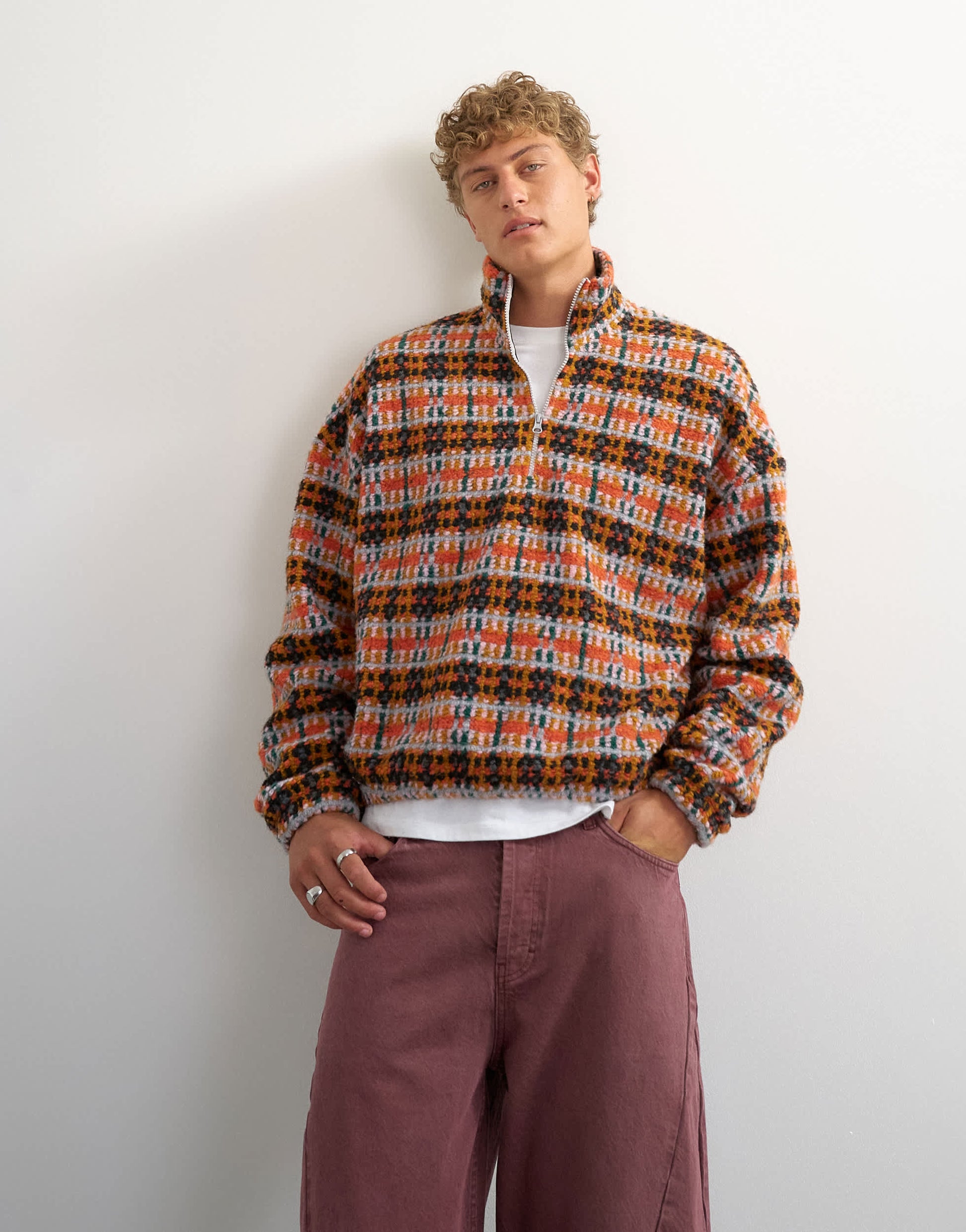 Topman boxy crop fit 1/4 zip funnel neck borg check jumper in orange