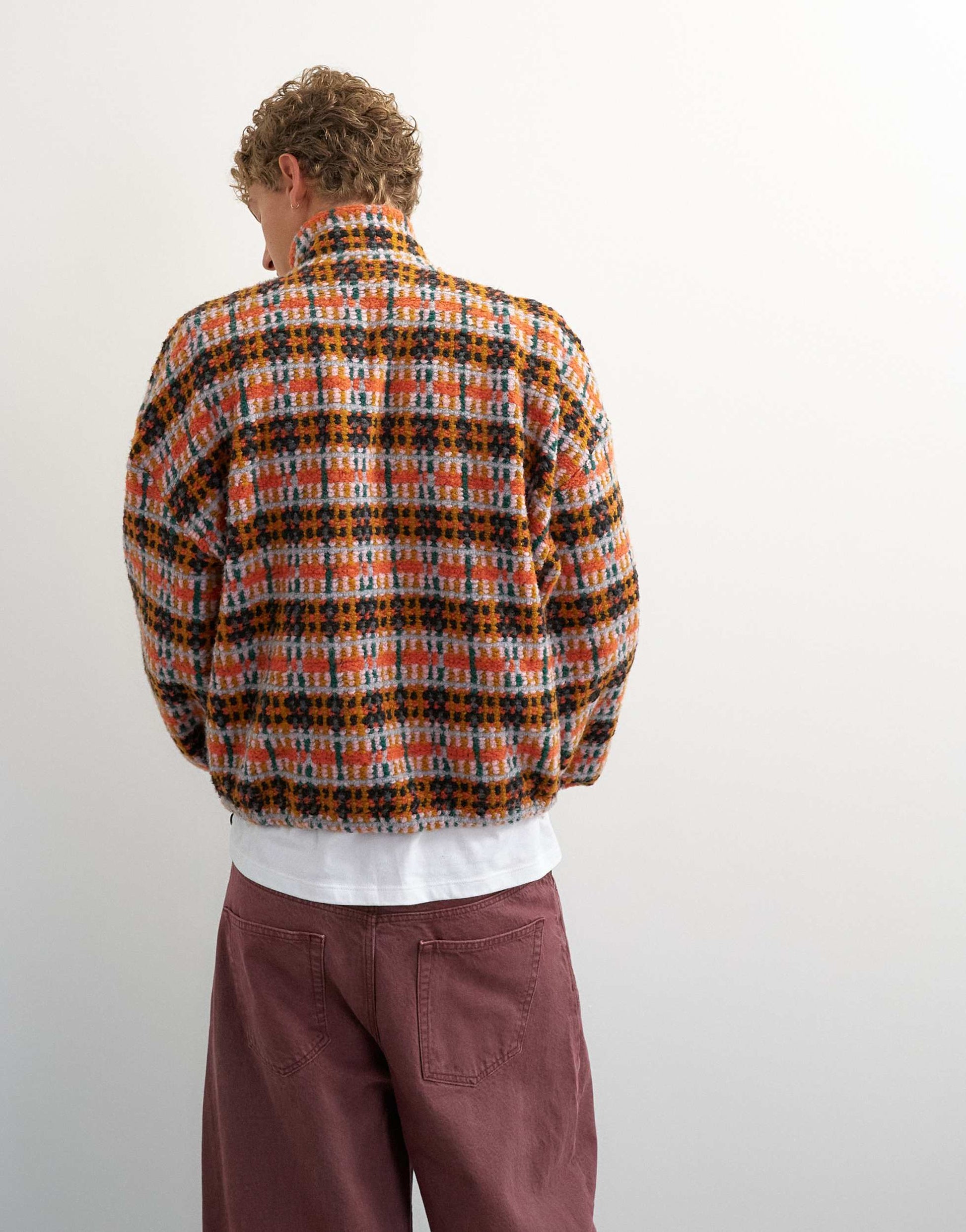 Topman boxy crop fit 1/4 zip funnel neck borg check jumper in orange