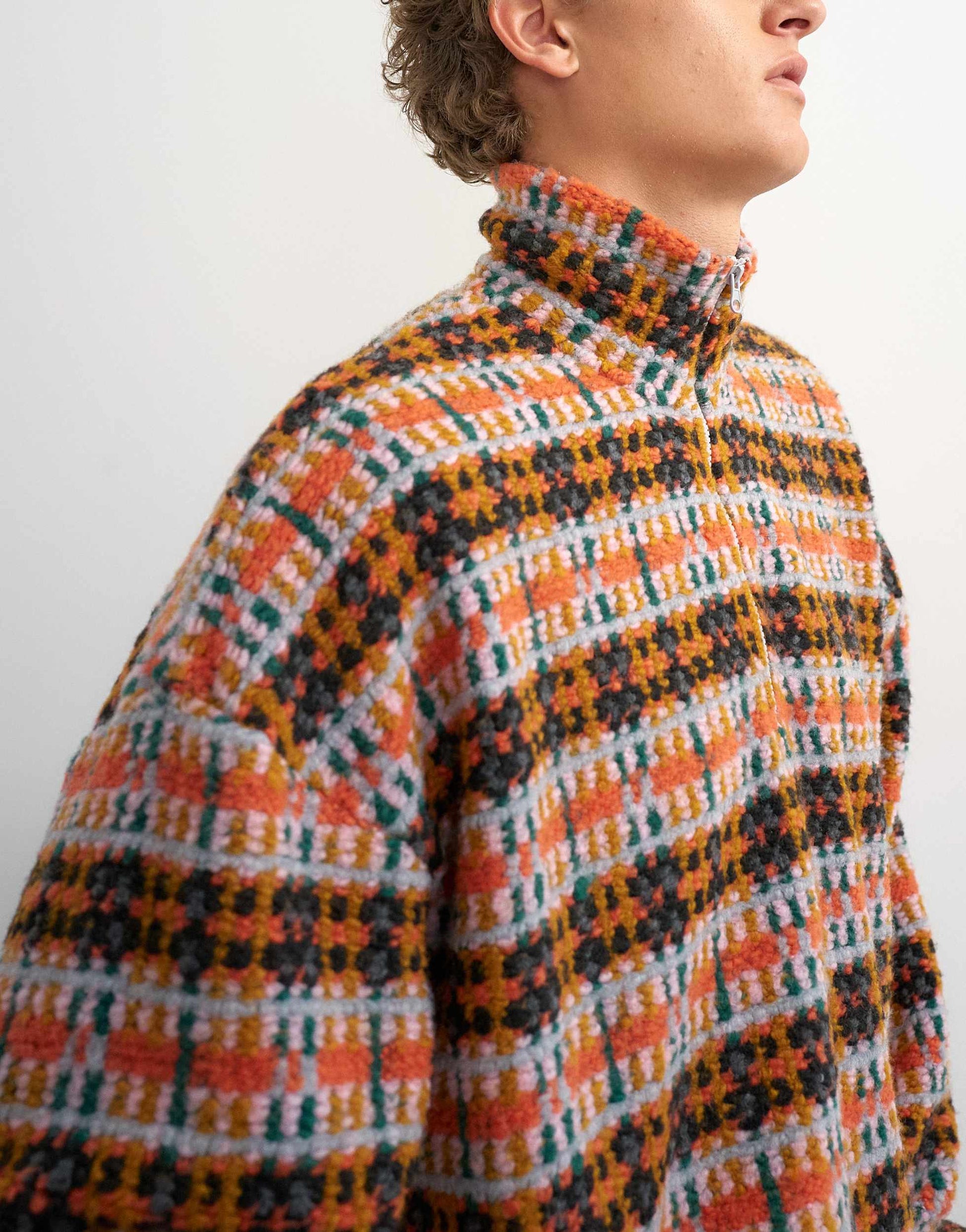 Topman boxy crop fit 1/4 zip funnel neck borg check jumper in orange