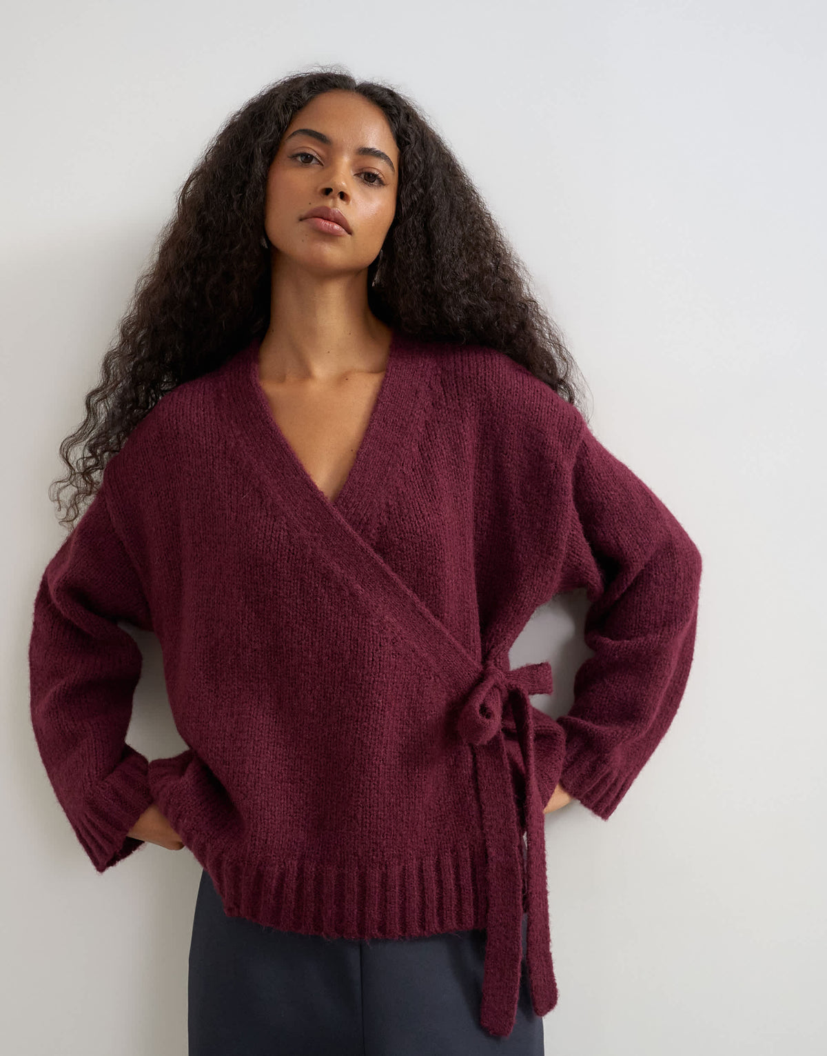 Topshop knitted wrap boxy cardigan with wool in mulberry