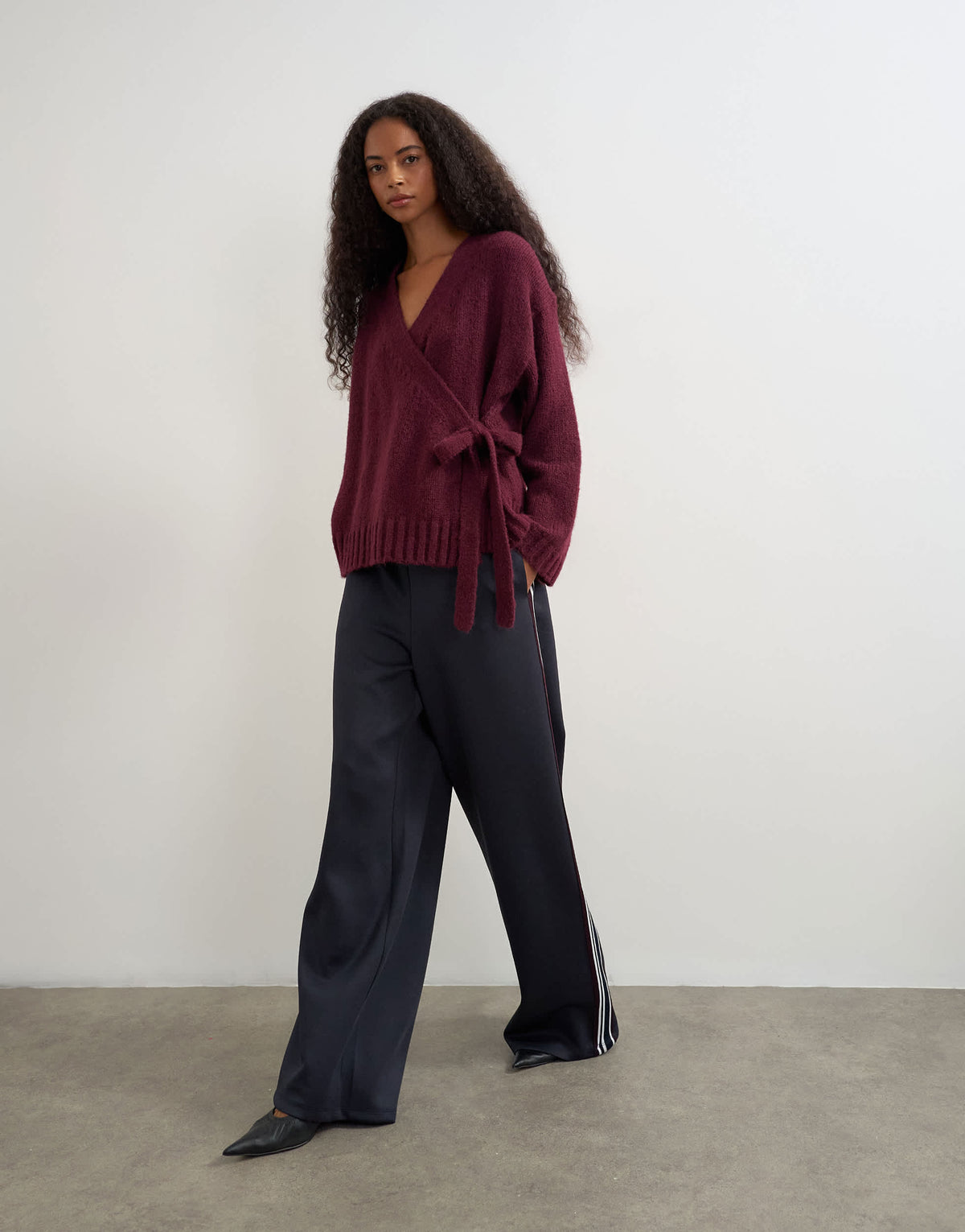 Topshop knitted wrap boxy cardigan with wool in mulberry
