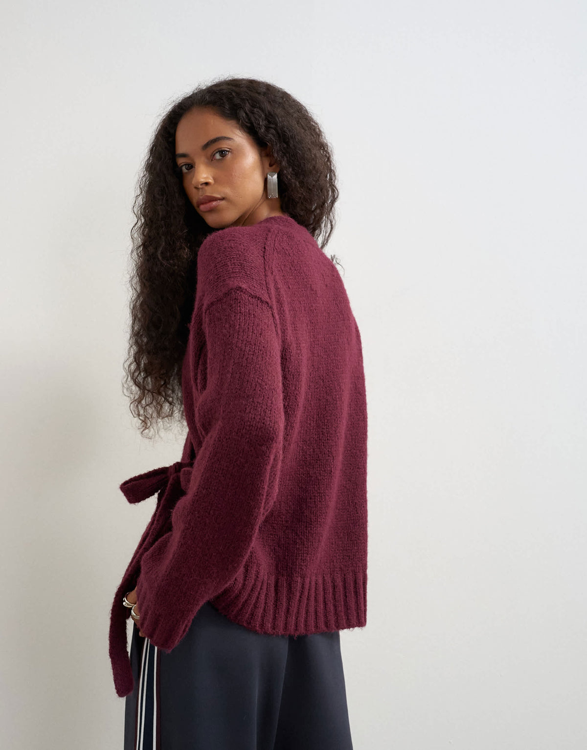 Topshop knitted wrap boxy cardigan with wool in mulberry