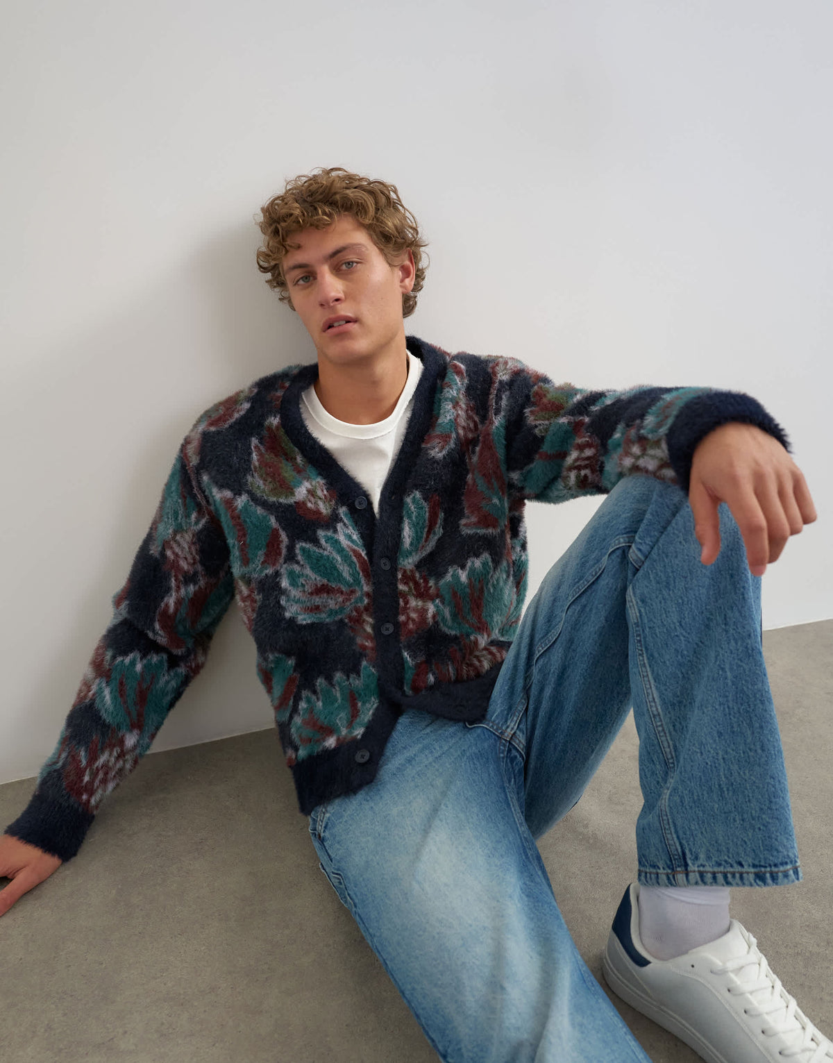 Topman classic fit fluffy floral cardigan in navy