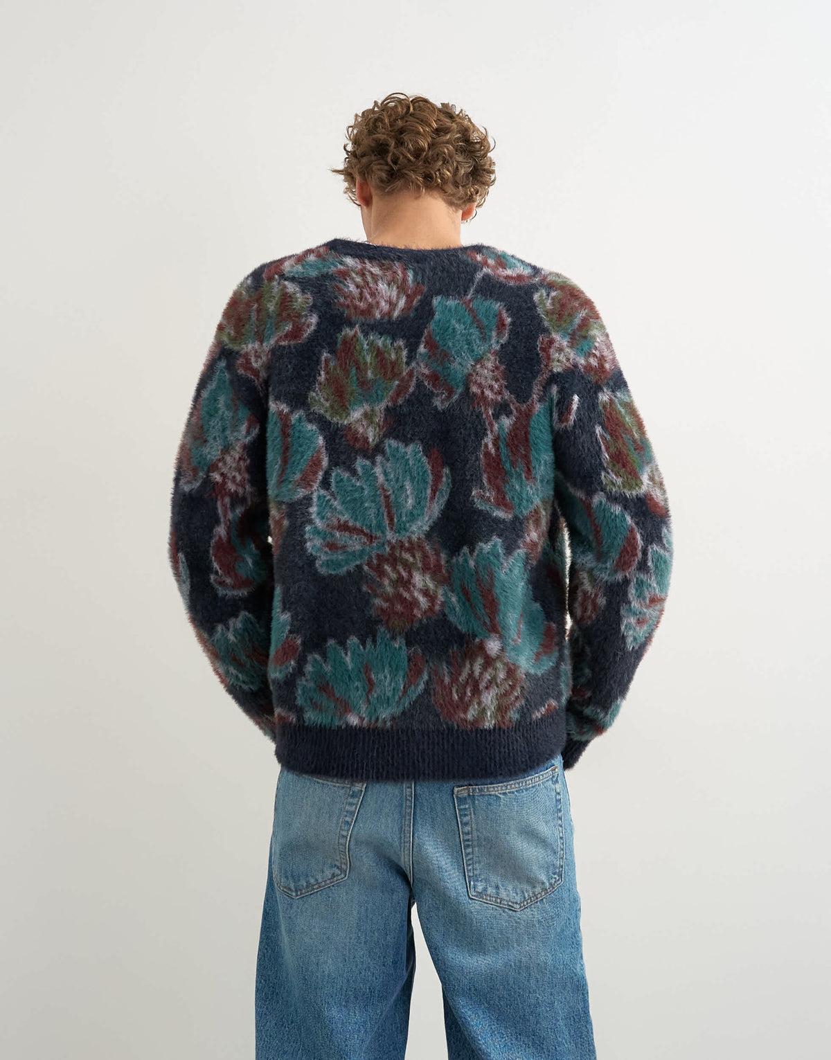 Topman classic fit fluffy floral cardigan in navy