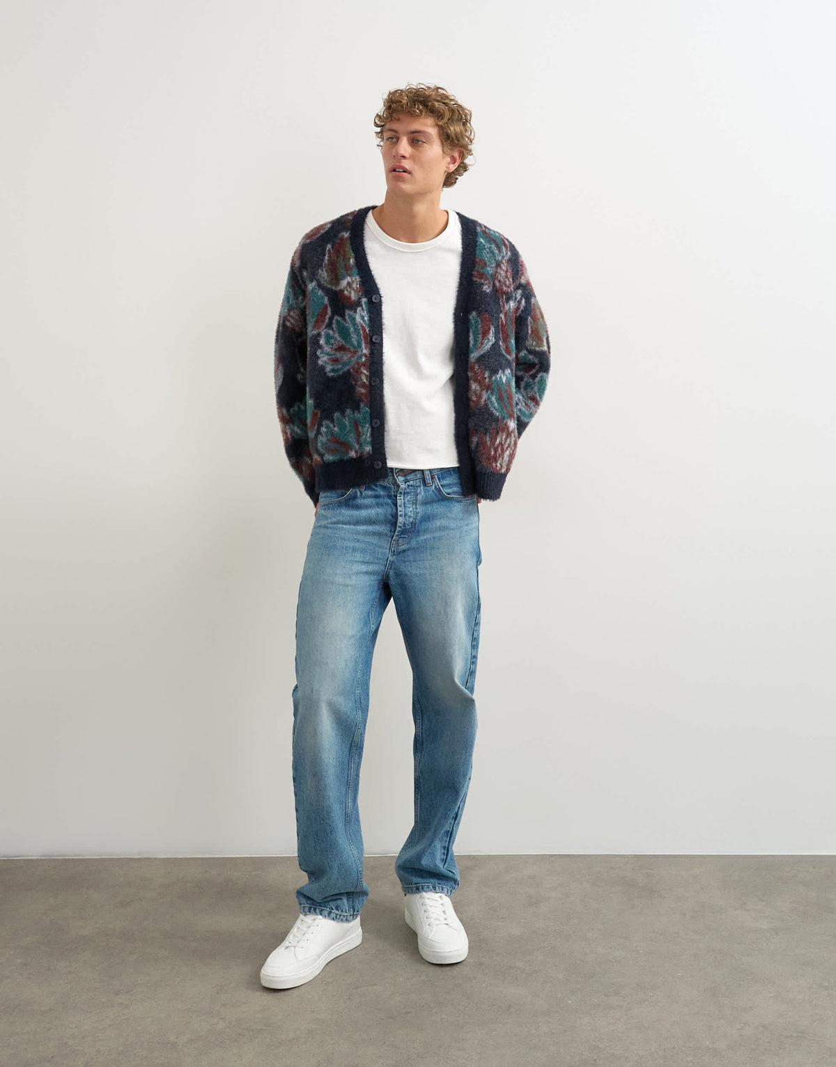 Topman classic fit fluffy floral cardigan in navy