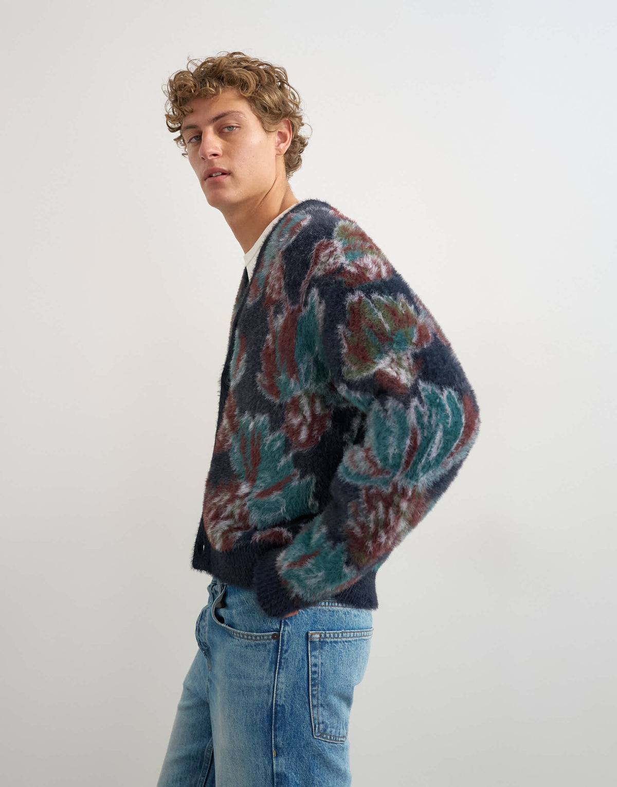 Topman classic fit fluffy floral cardigan in navy