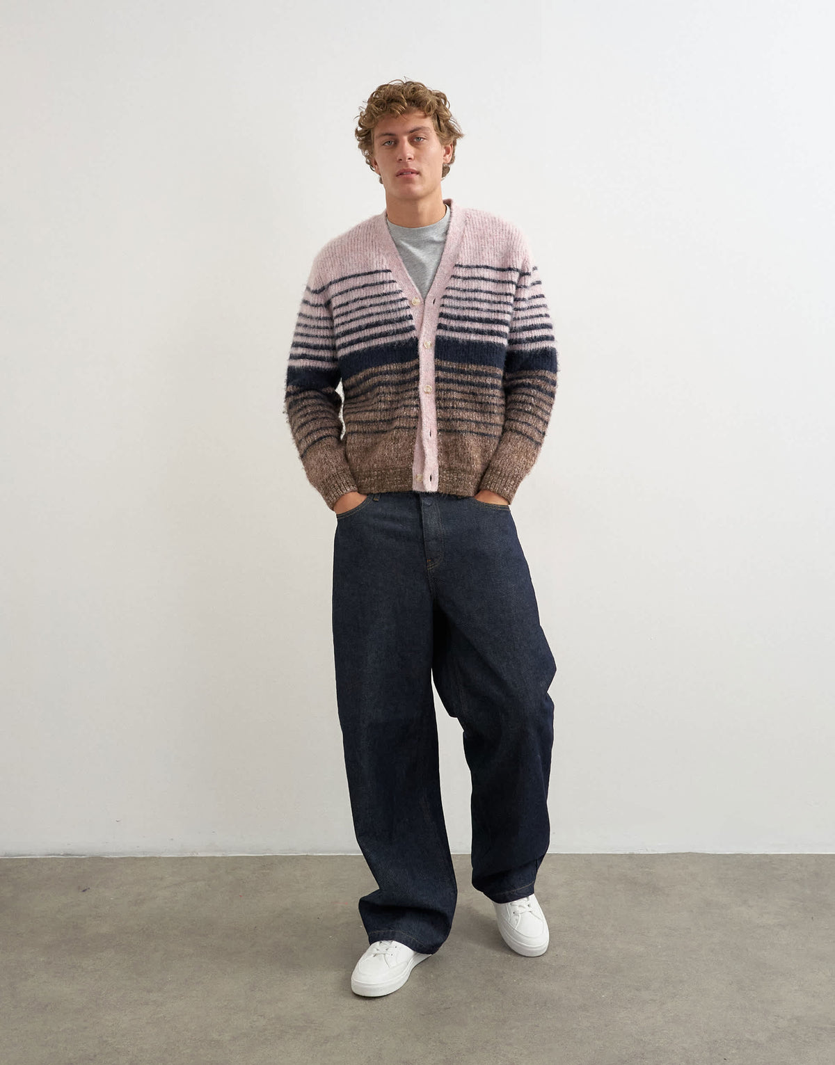 Topman regular fit striped knitted cardigan with ombre in pink