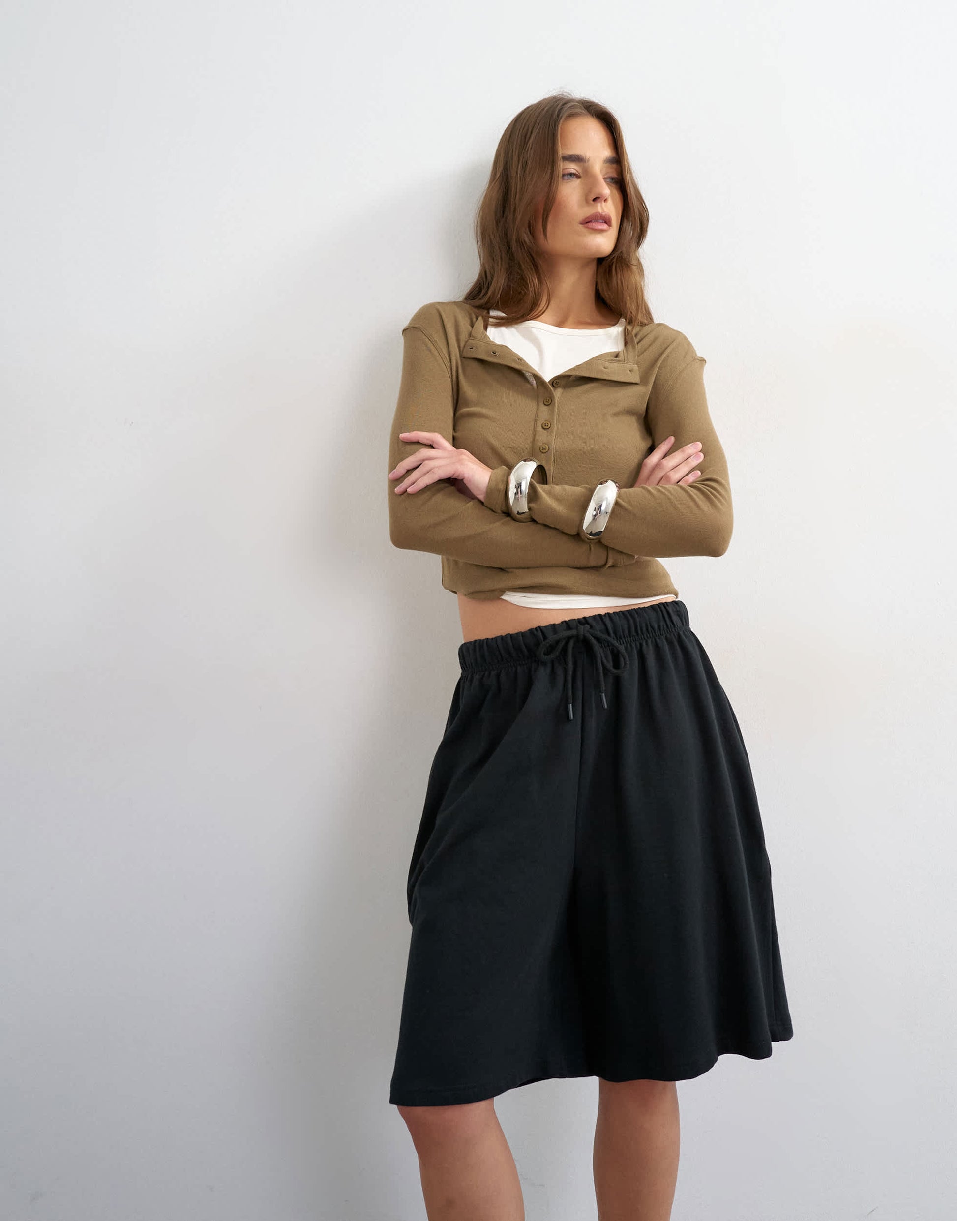 Topshop washed long line tie detail shorts in black