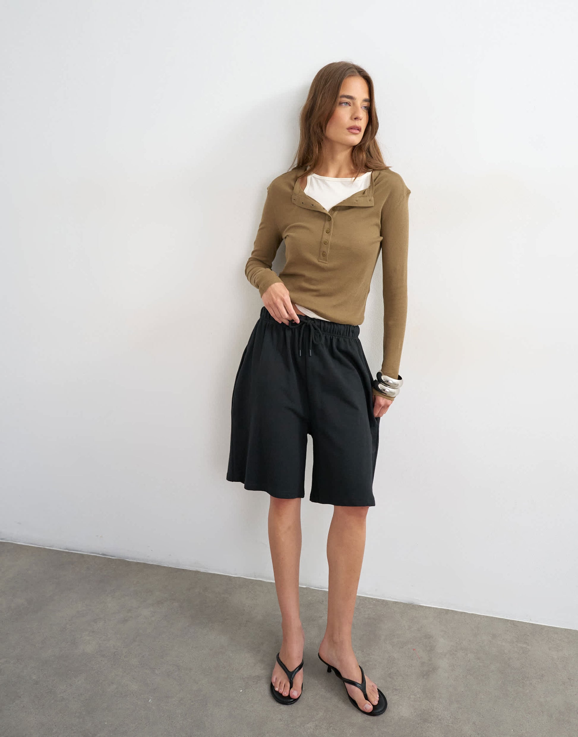 Topshop washed long line tie detail shorts in black
