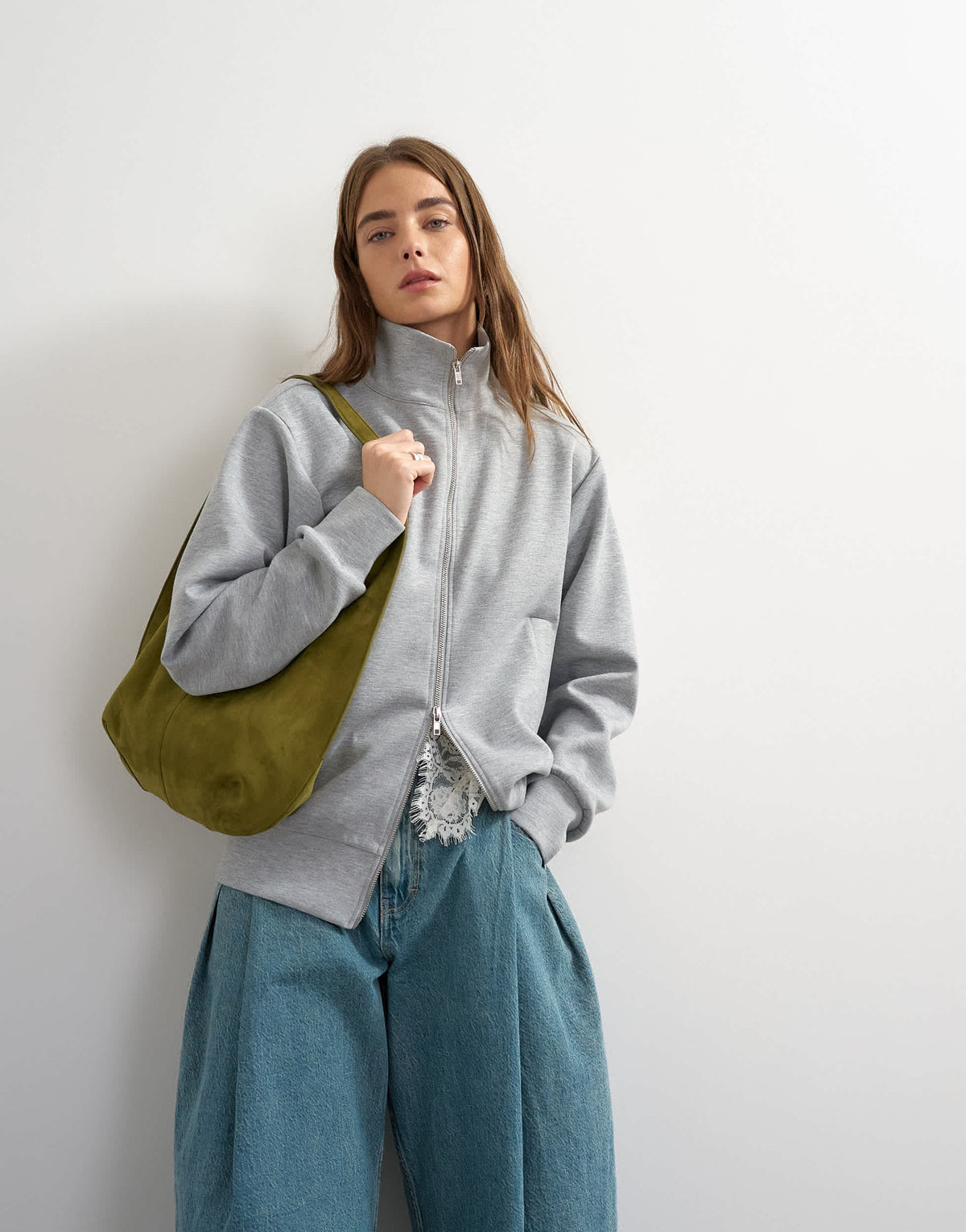 Topshop structured funnel sweat jacket in grey marl