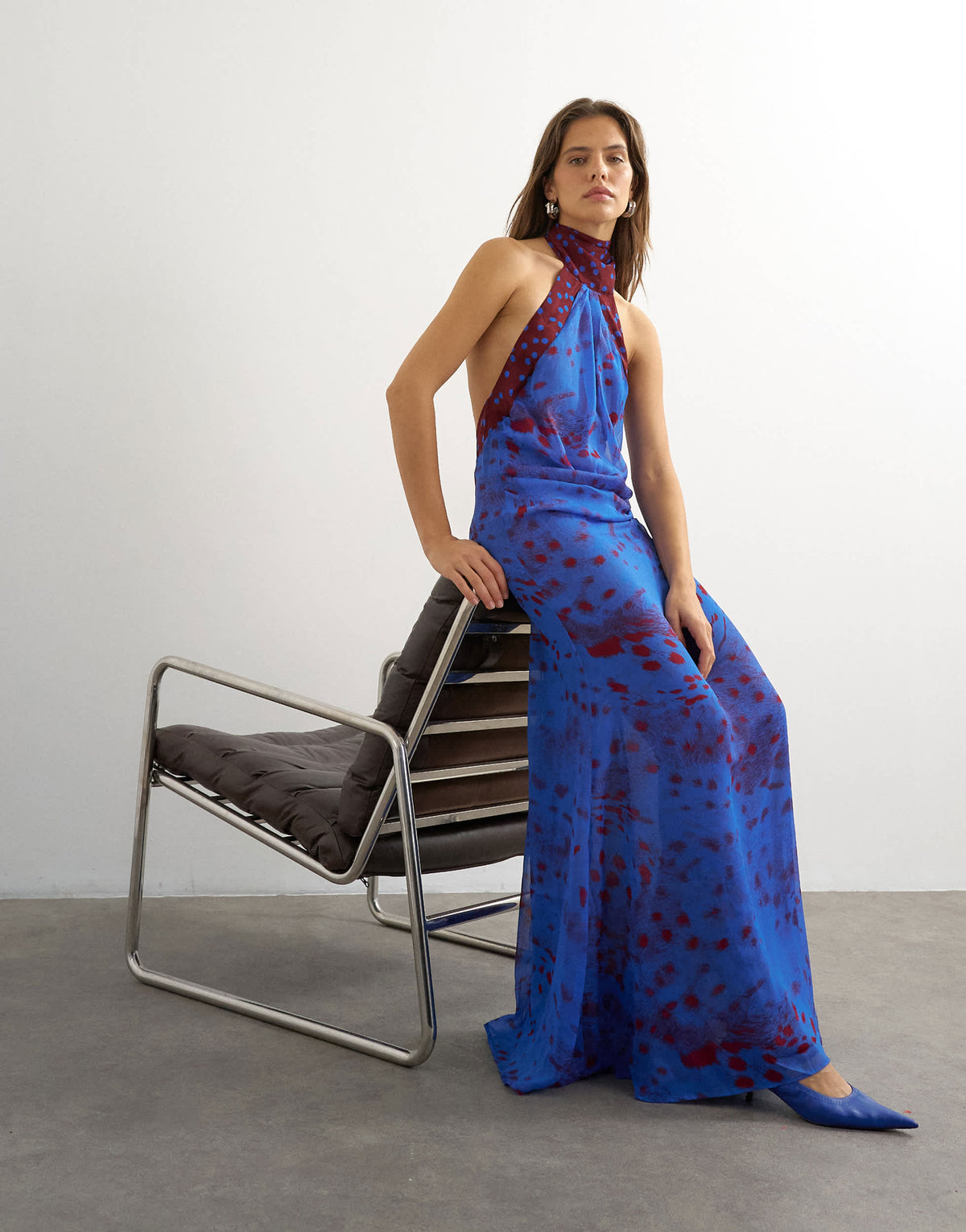 Topshop chiffon halter neck tucked side maxi dress in blue and burgundy abstract print