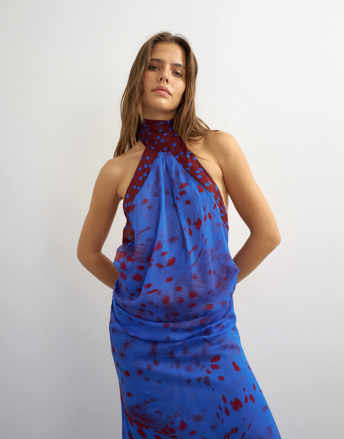 Topshop chiffon halter neck tucked side maxi dress in blue and burgundy abstract print