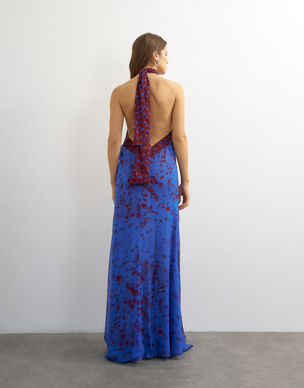Topshop chiffon halter neck tucked side maxi dress in blue and burgundy abstract print