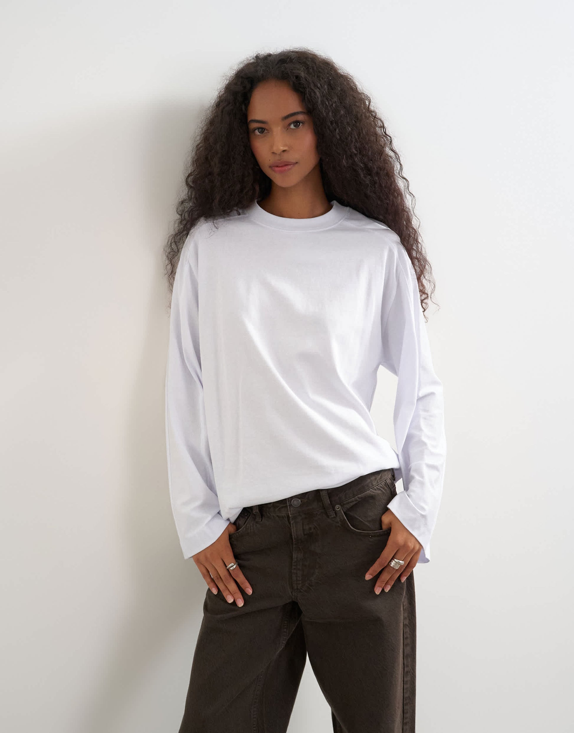 Topshop seamed detail long sleeve skater top in white