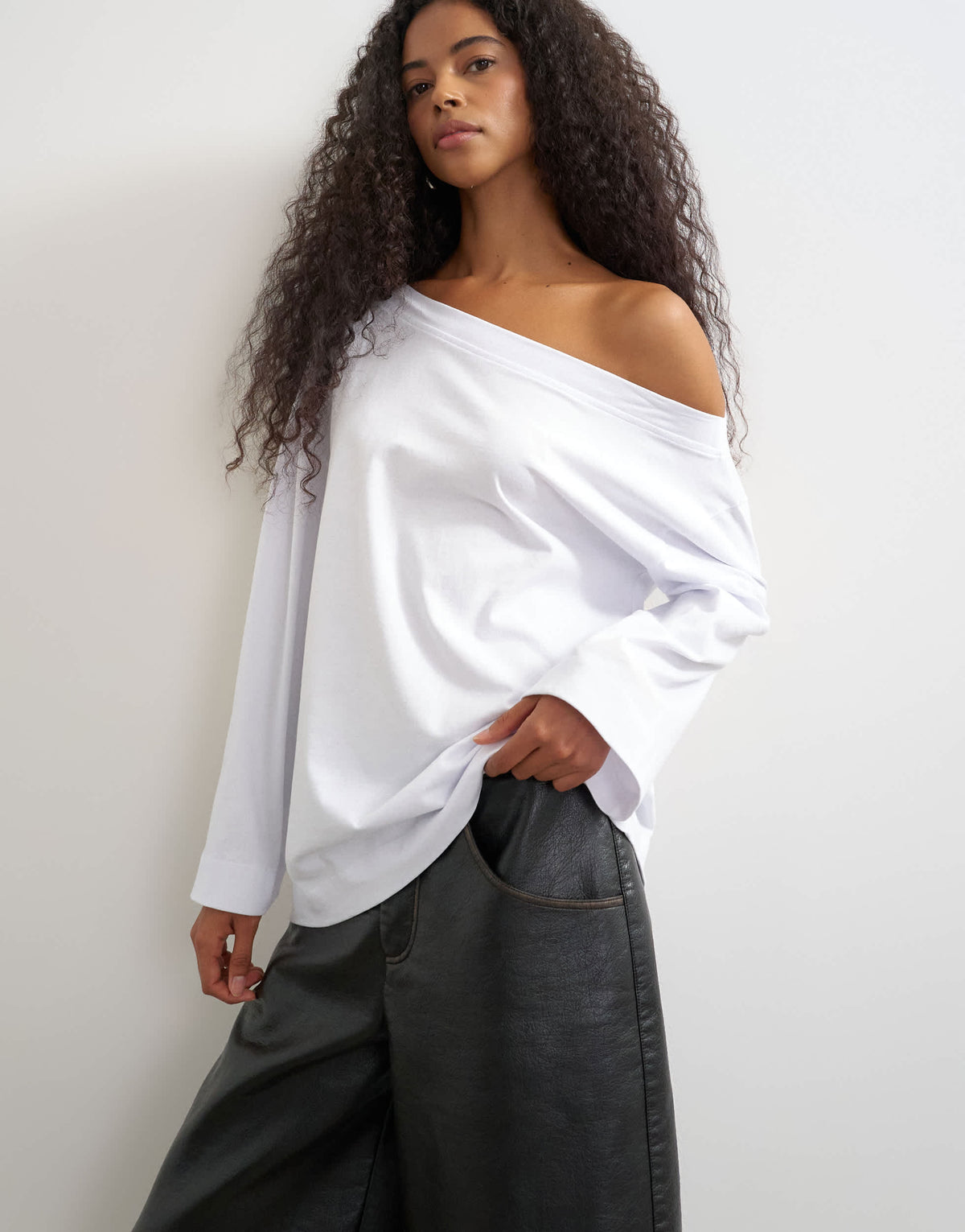Topshop long sleeve fallen shoulder top in white