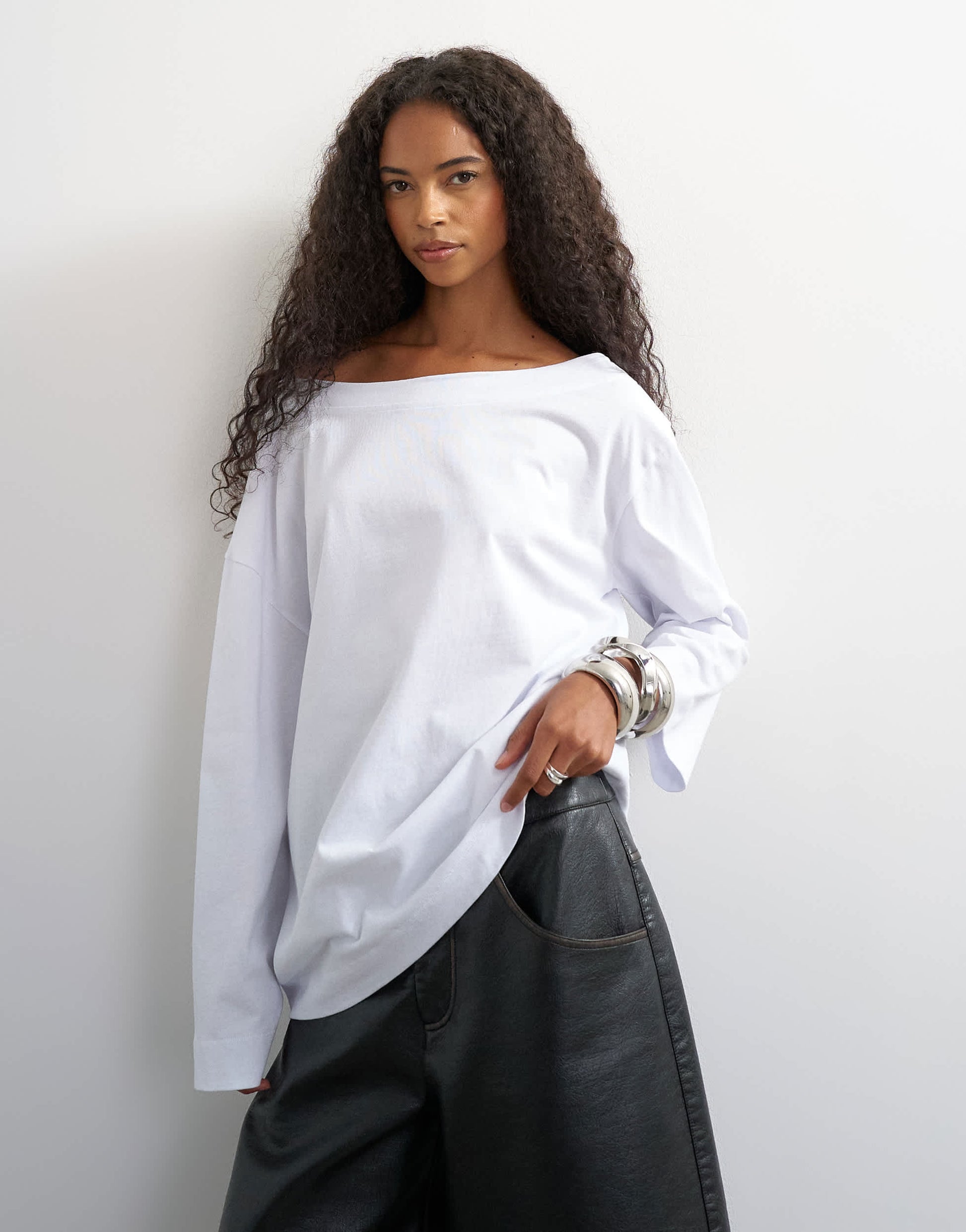 Topshop long sleeve fallen shoulder top in white