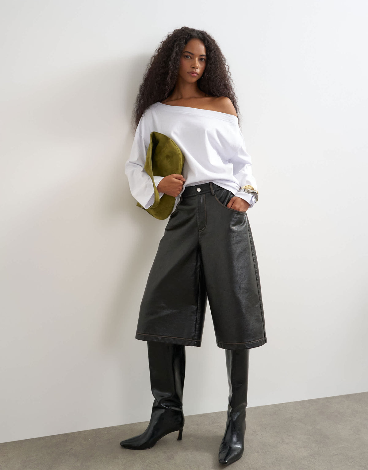 Topshop long sleeve fallen shoulder top in white