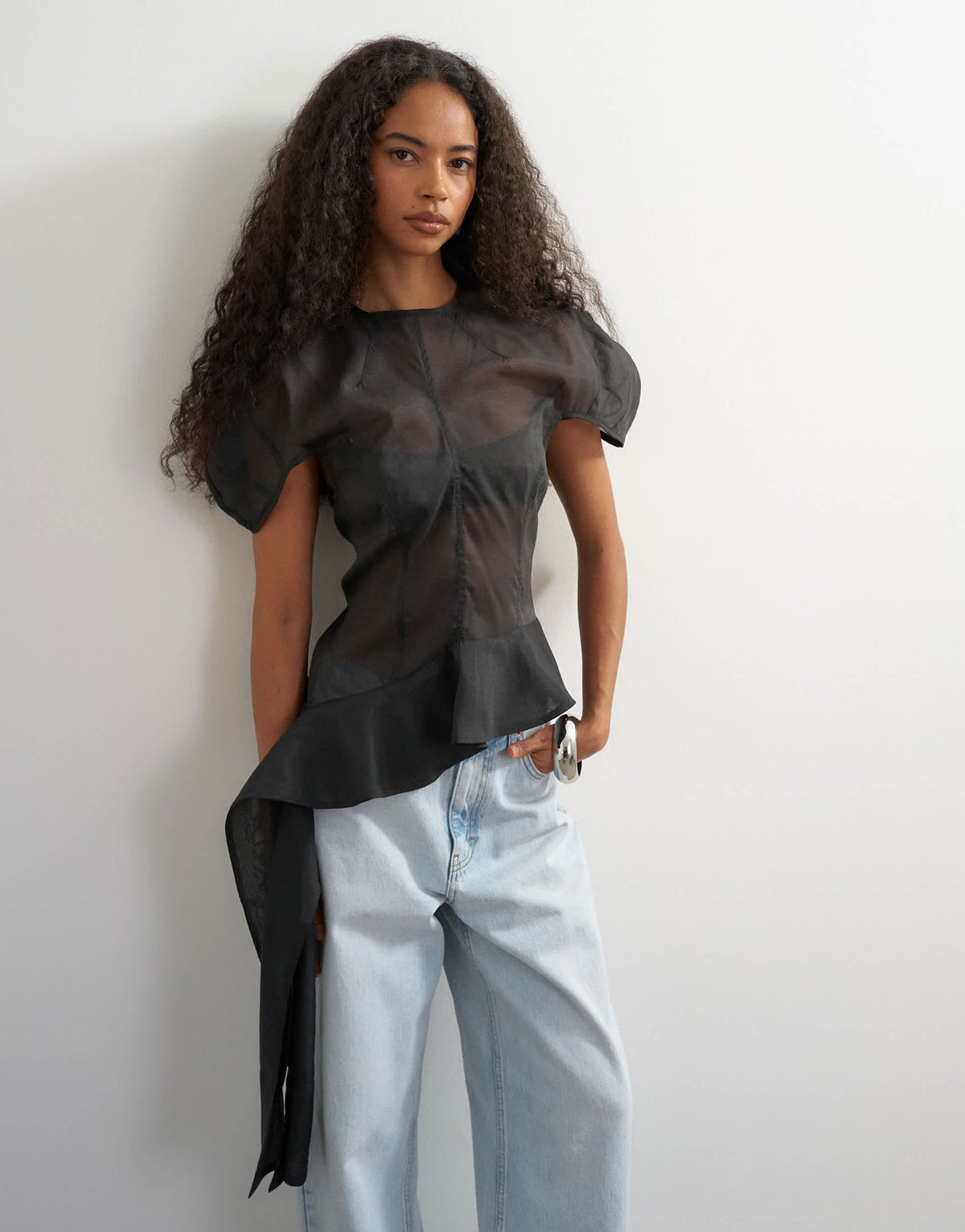 Topshop puff sleeve organza ruffle detail top in black