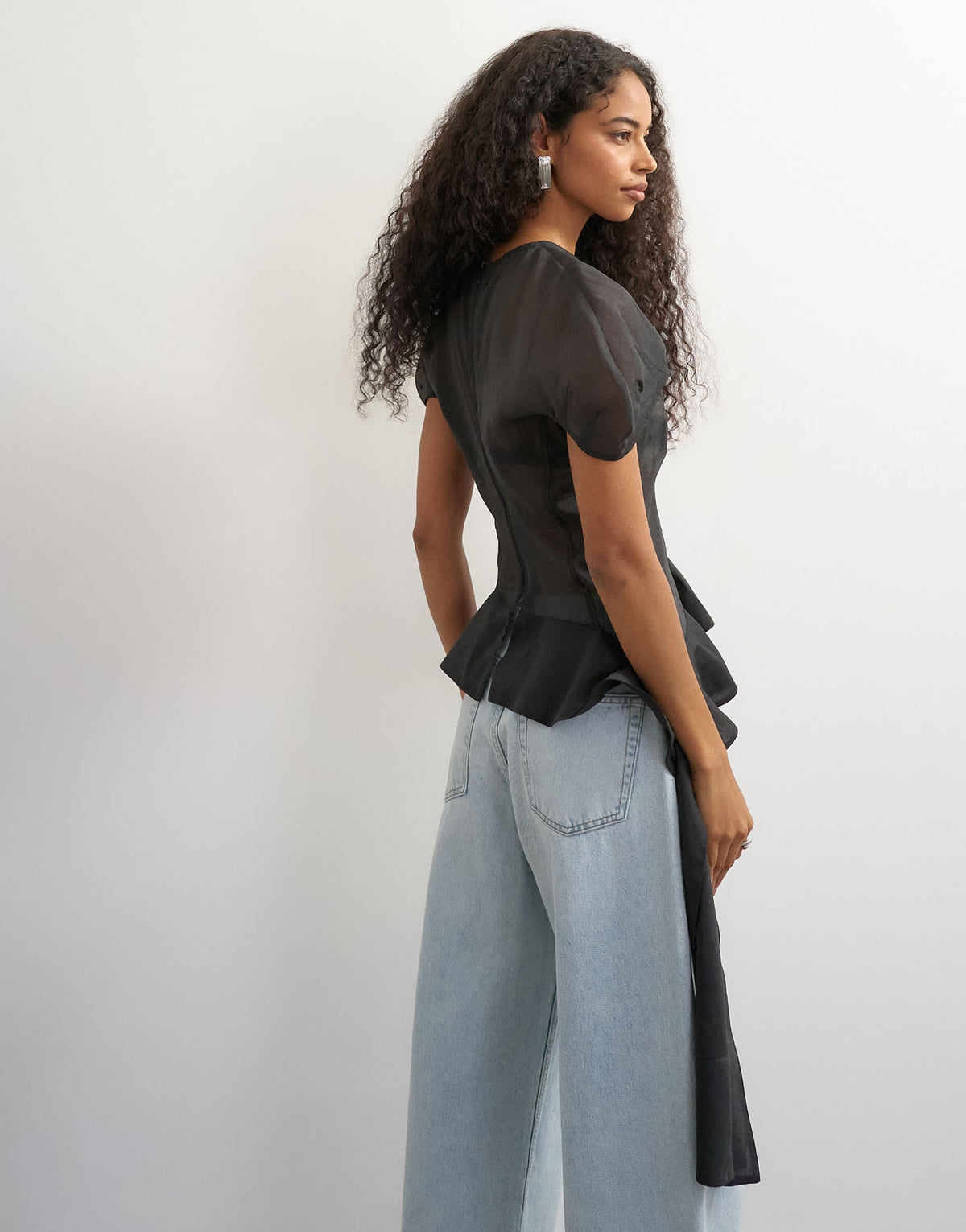 Topshop puff sleeve organza ruffle detail top in black