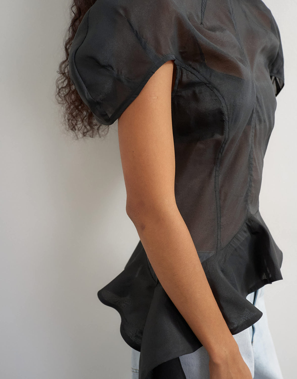 Topshop puff sleeve organza ruffle detail top in black