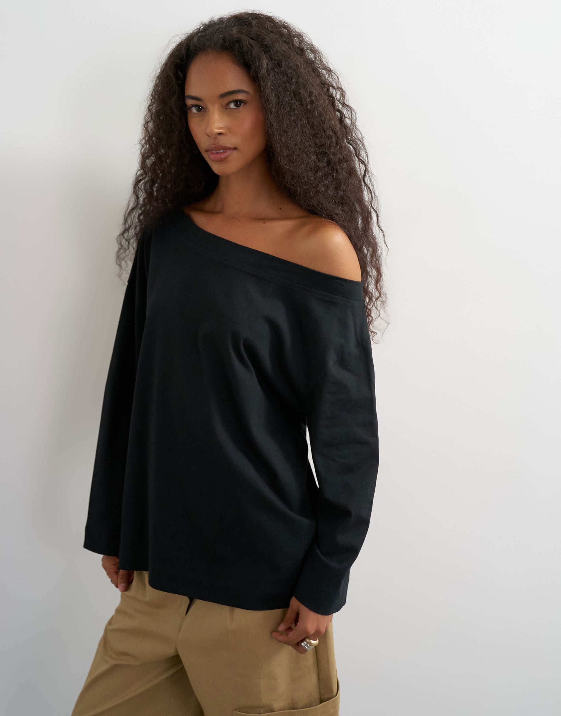Topshop long sleeve fallen shoulder top in black