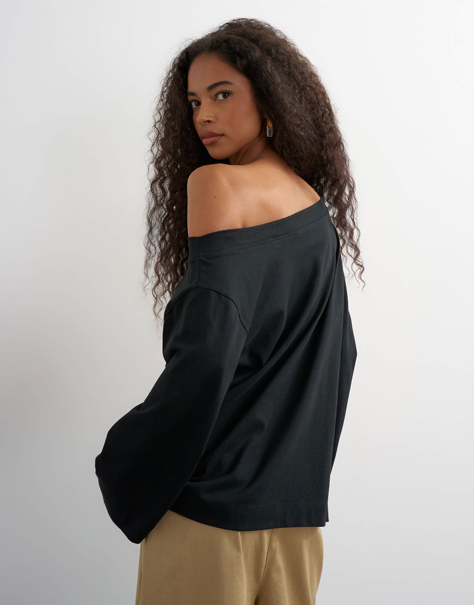 Topshop long sleeve fallen shoulder top in black