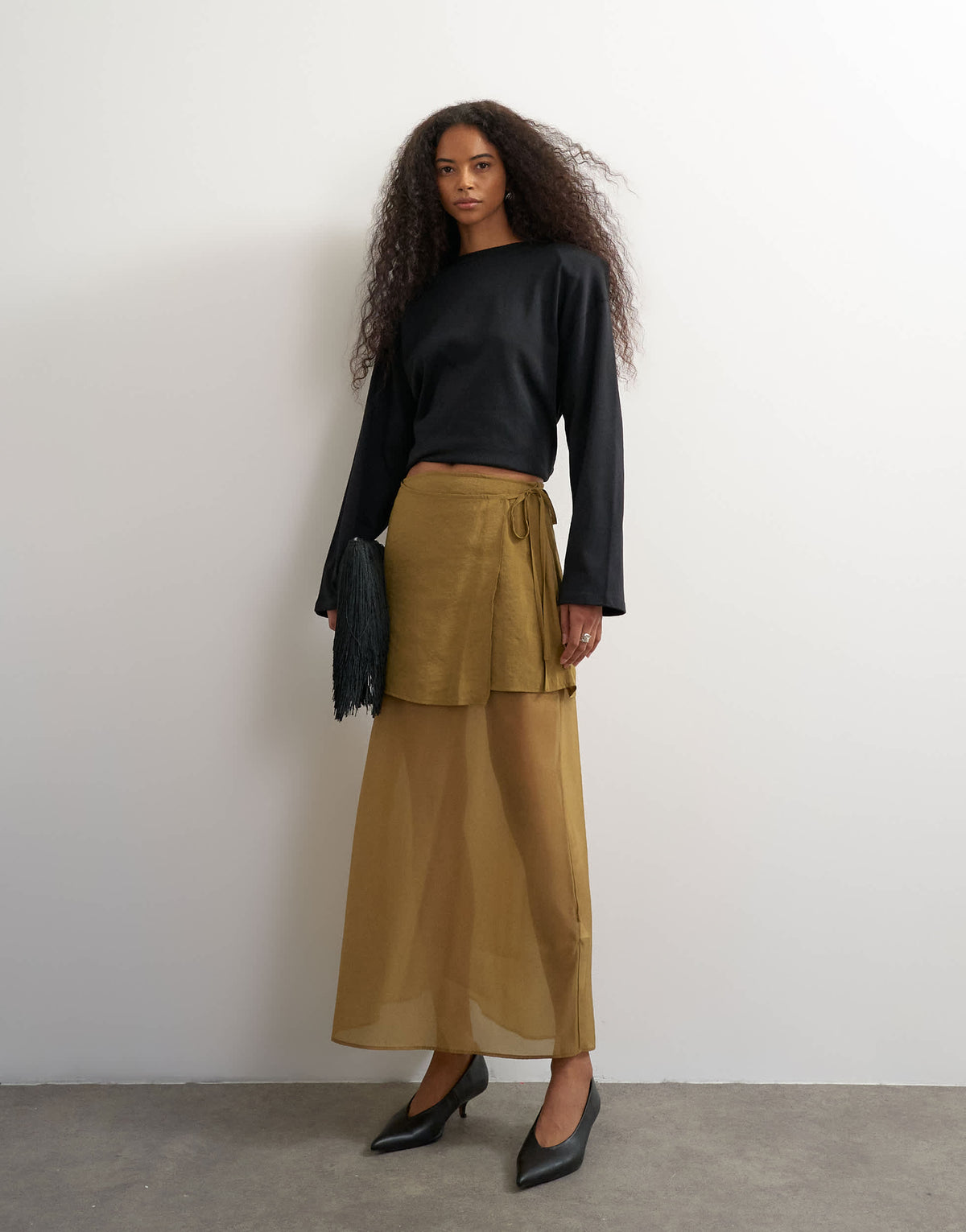 Topshop tie detail contrast organza maxi skirt in khaki