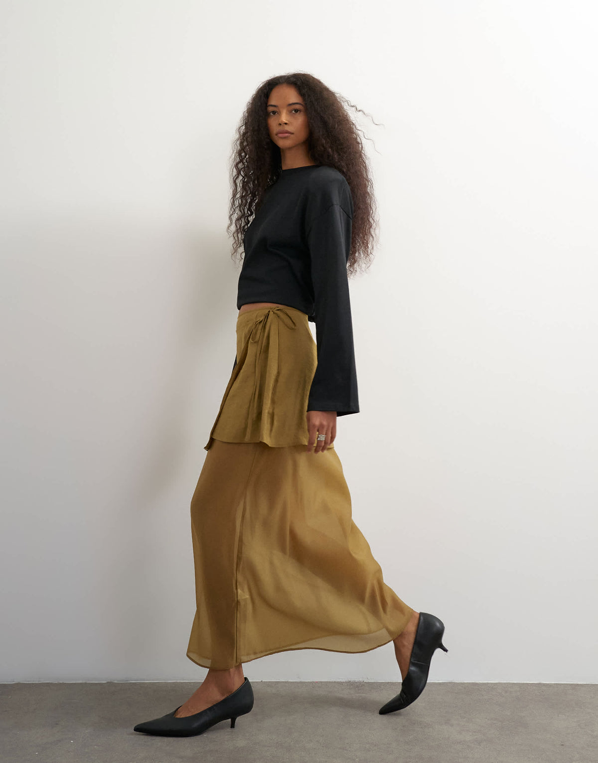 Topshop tie detail contrast organza maxi skirt in olive