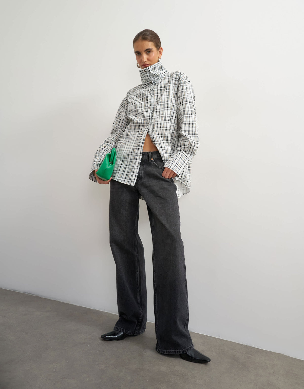 Topshop funnel neck shirt in check print