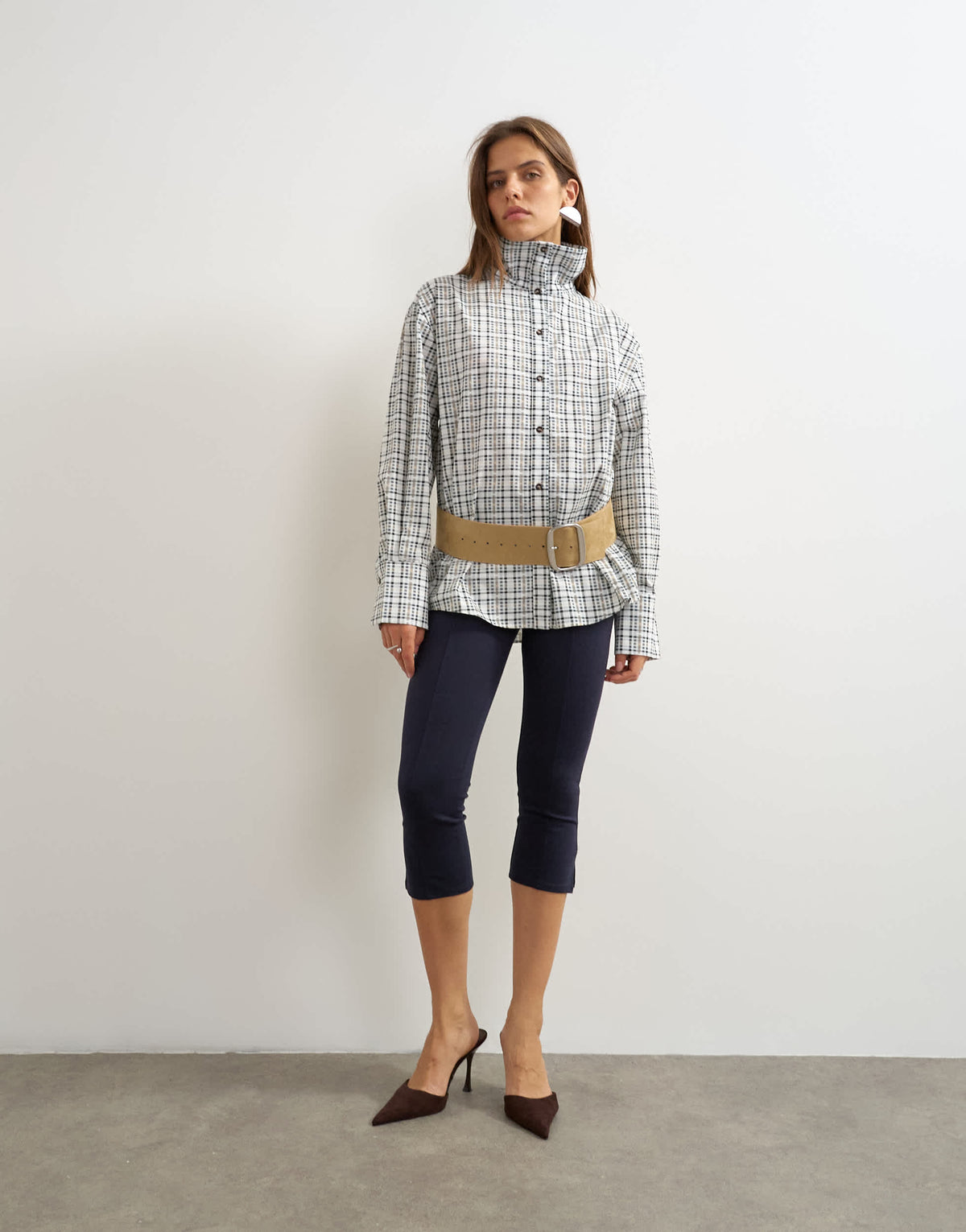 Topshop funnel neck shirt in check print