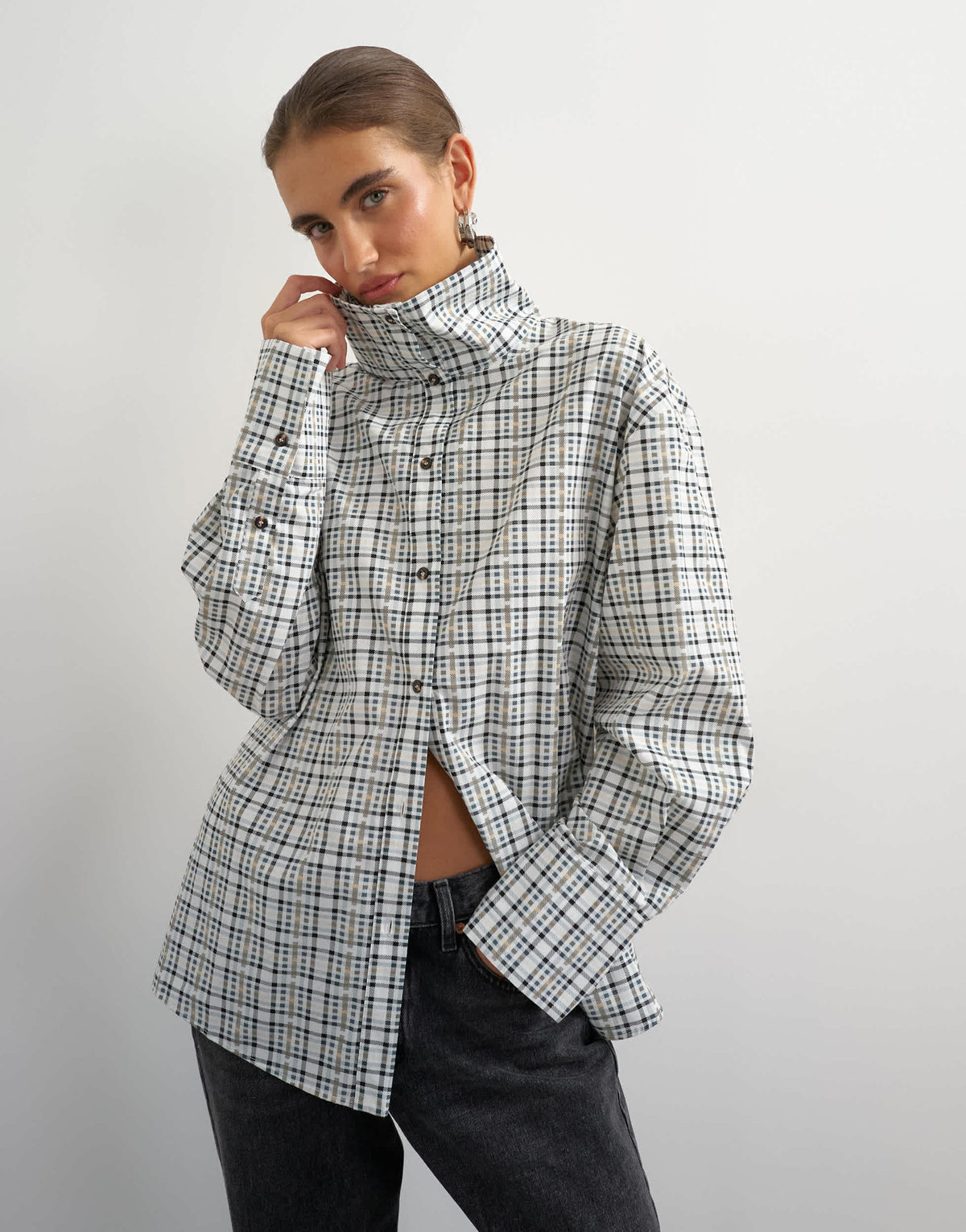 Topshop funnel neck shirt in check print
