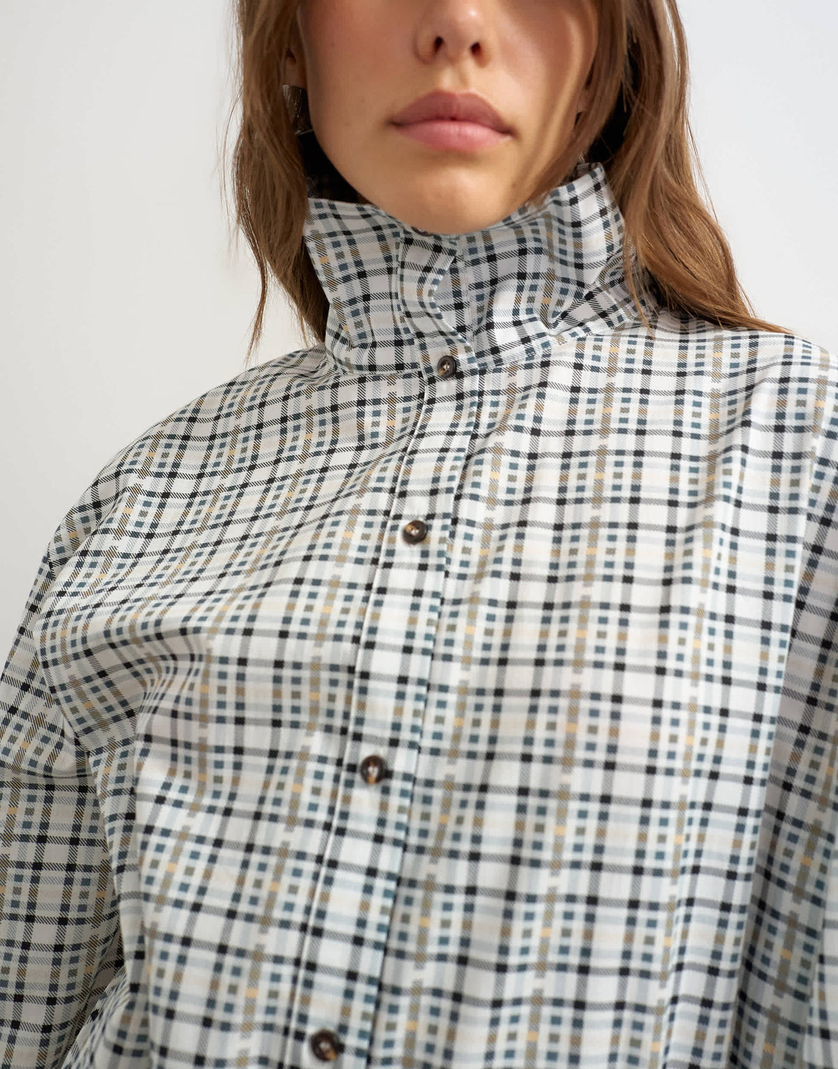 Topshop funnel neck shirt in check print